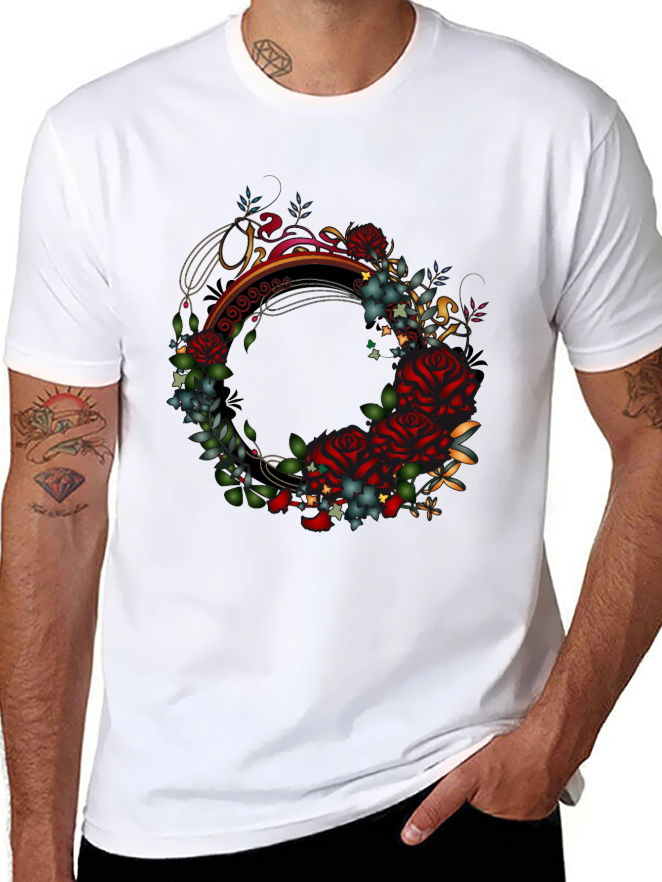 Floral Wreath Graphic Black T-Shirt