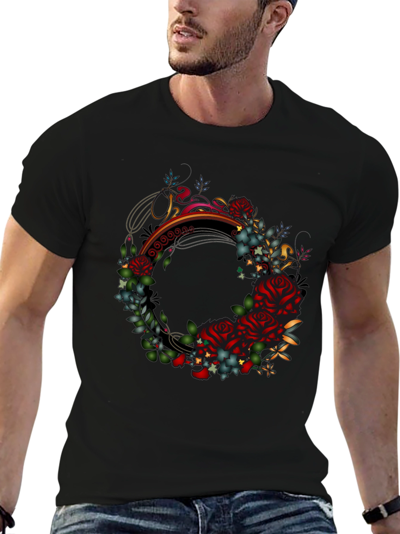 Floral Wreath Graphic Black T-Shirt