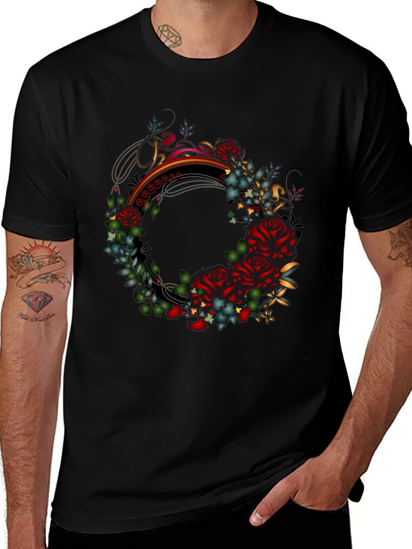 Floral Wreath Graphic Black T-Shirt