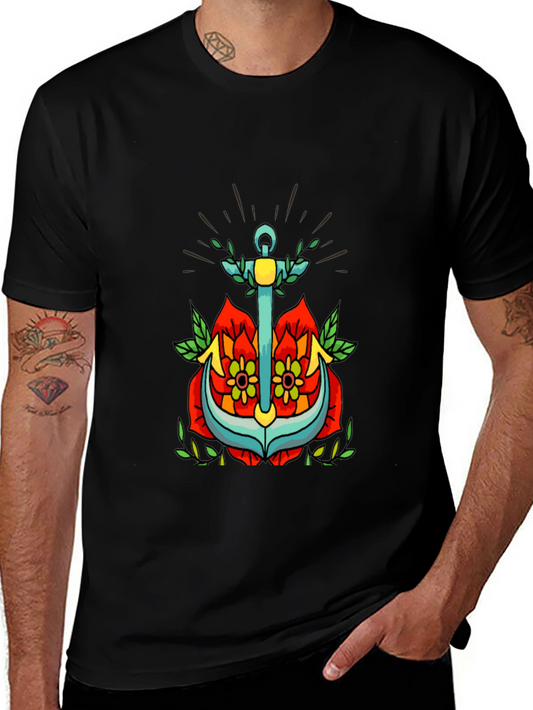 Anchor Rose Tattoo Graphic Tee - Classic Nautical Style