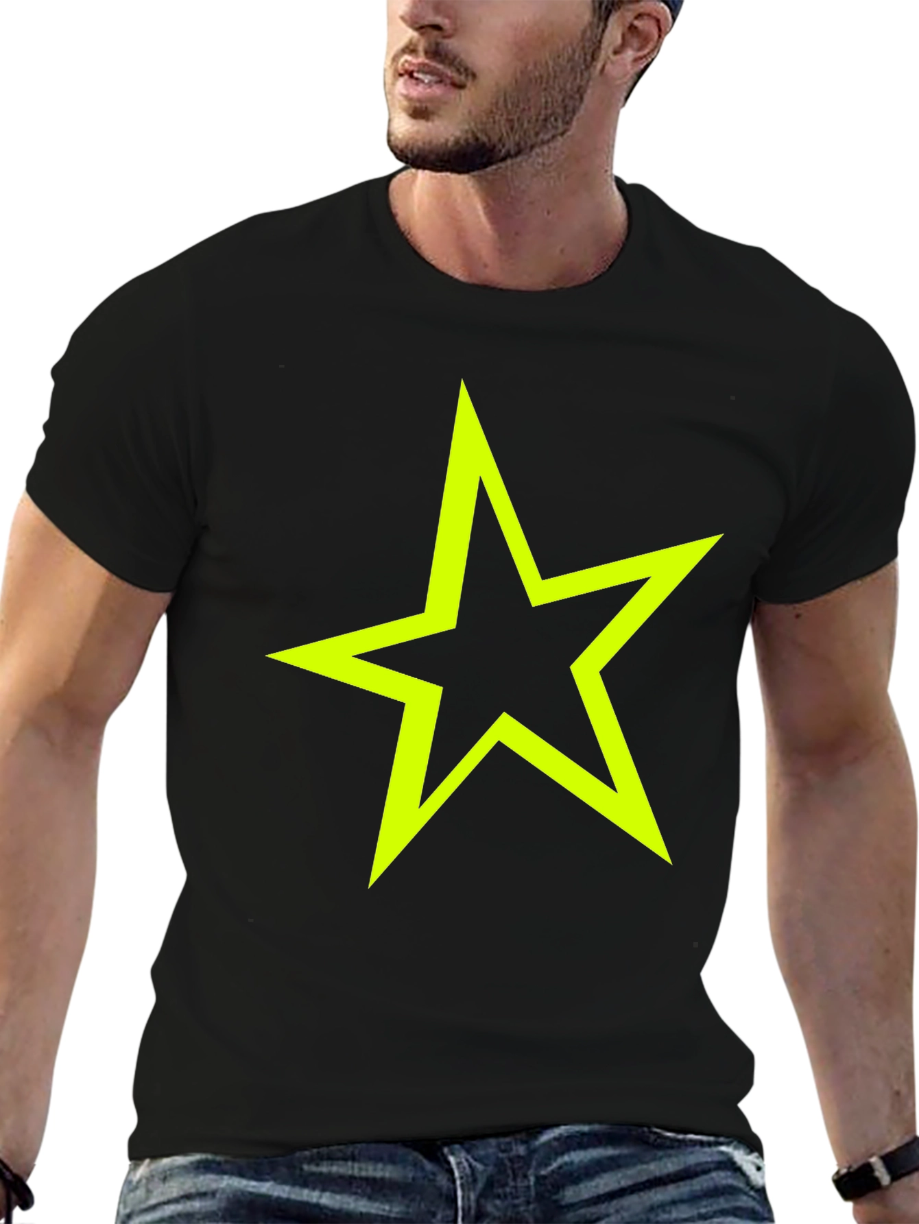 Neon Star Graphic Tee - Stylish Black Cotton T-Shirt