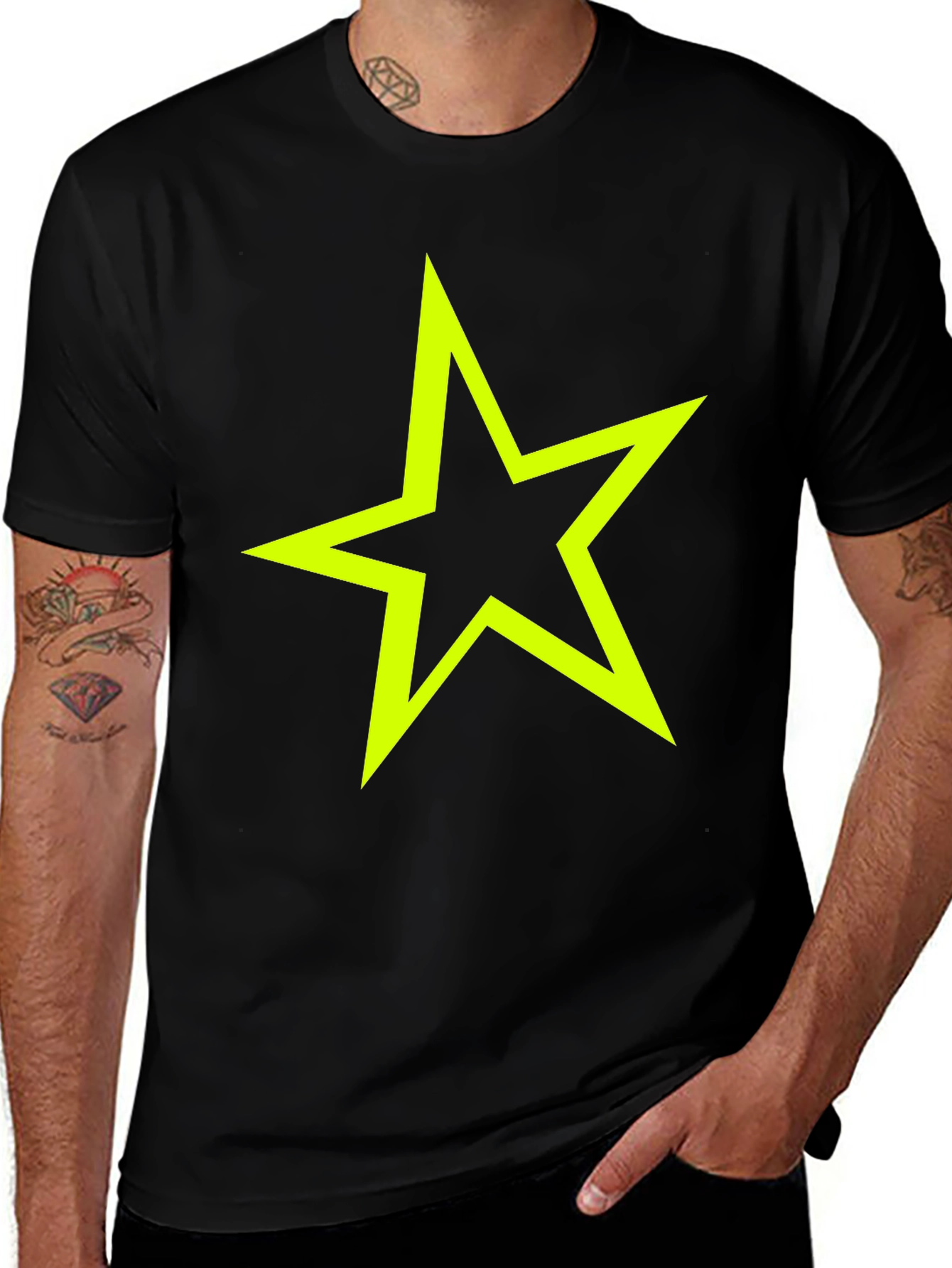 Neon Star Graphic Tee - Stylish Black Cotton T-Shirt