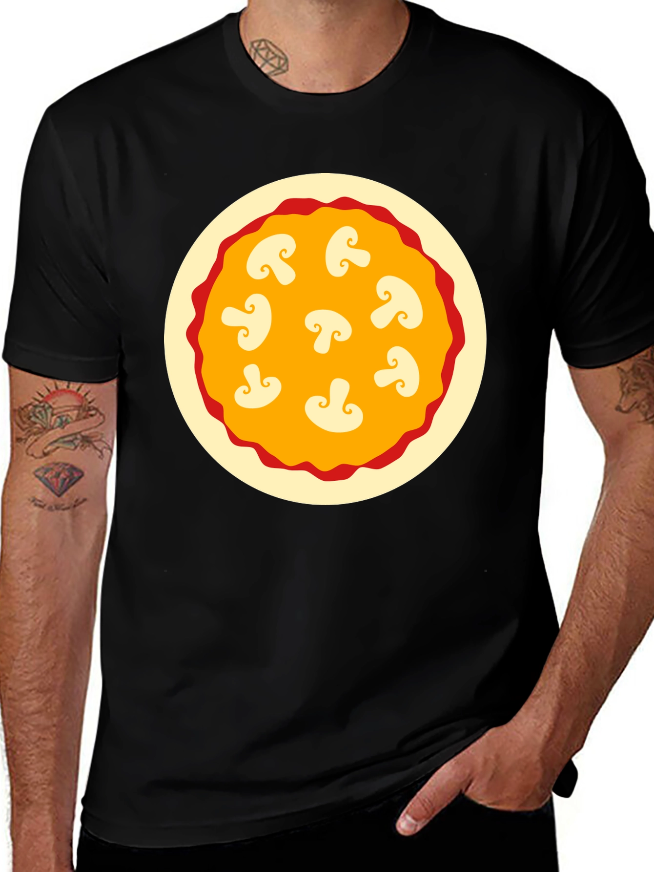 Mushroom Pizza Graphic Tee - Black Cotton T-Shirt