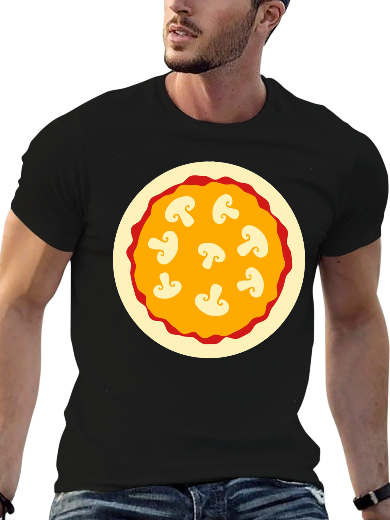 Mushroom Pizza Graphic Tee - Black Cotton T-Shirt
