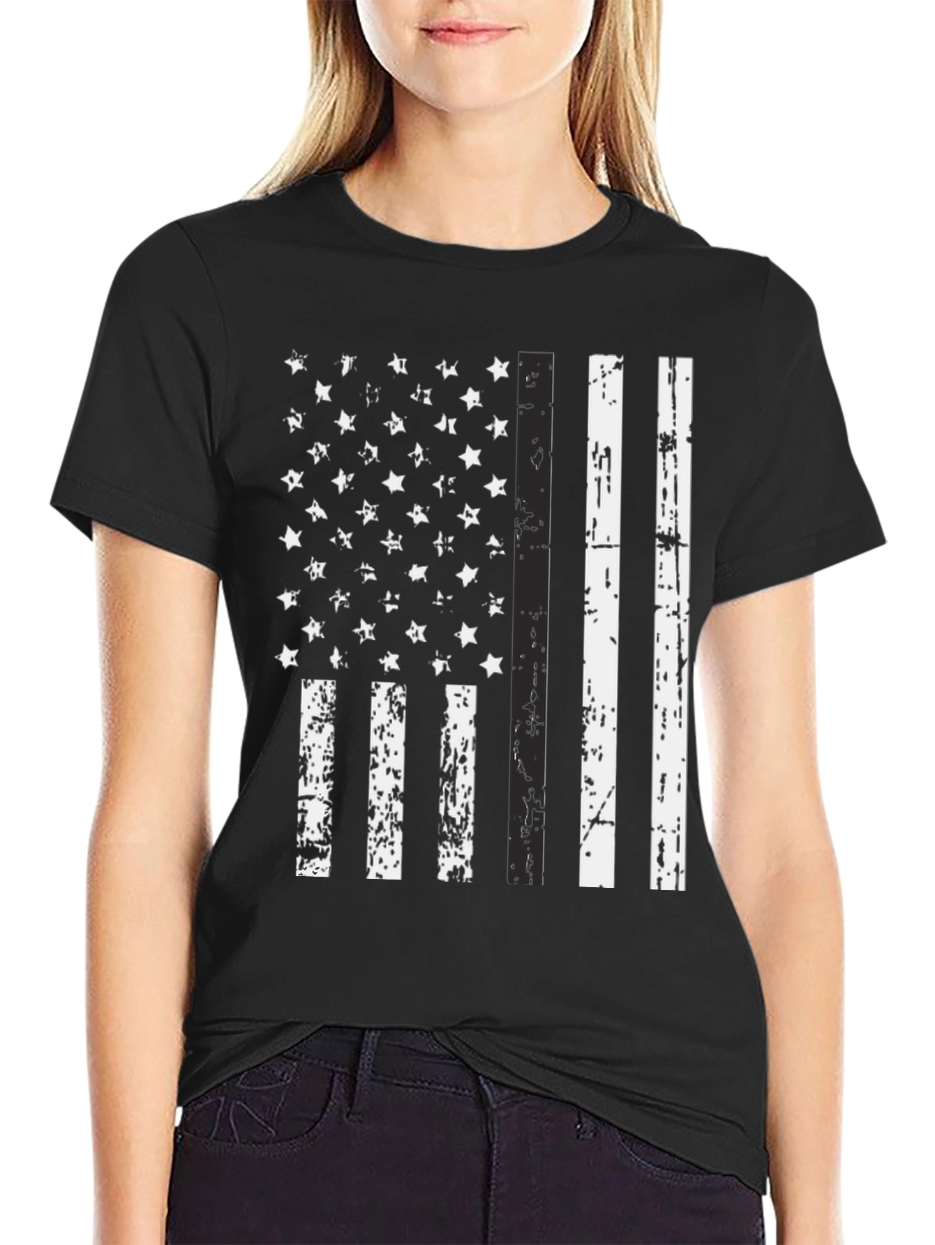 Distressed American Flag Graphic Tee - Black
