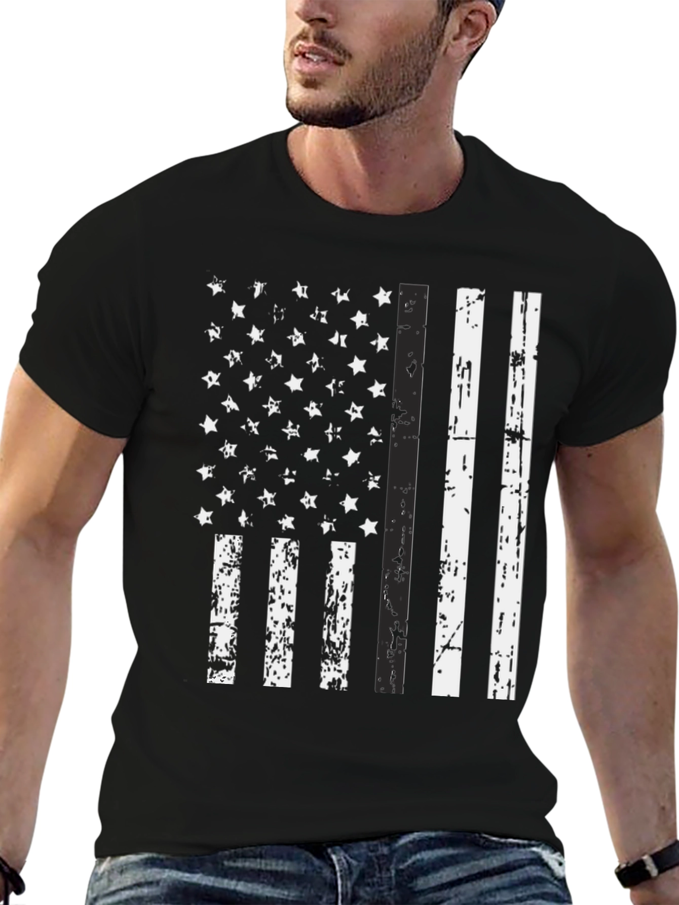 Distressed American Flag Graphic Tee - Black