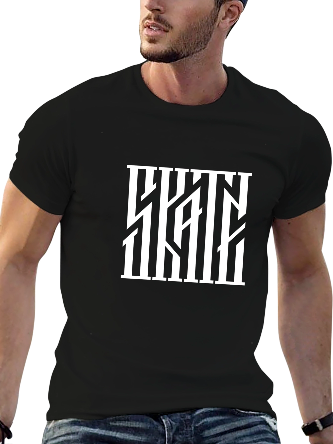 Abstract White Bars Graphic Black T-Shirt