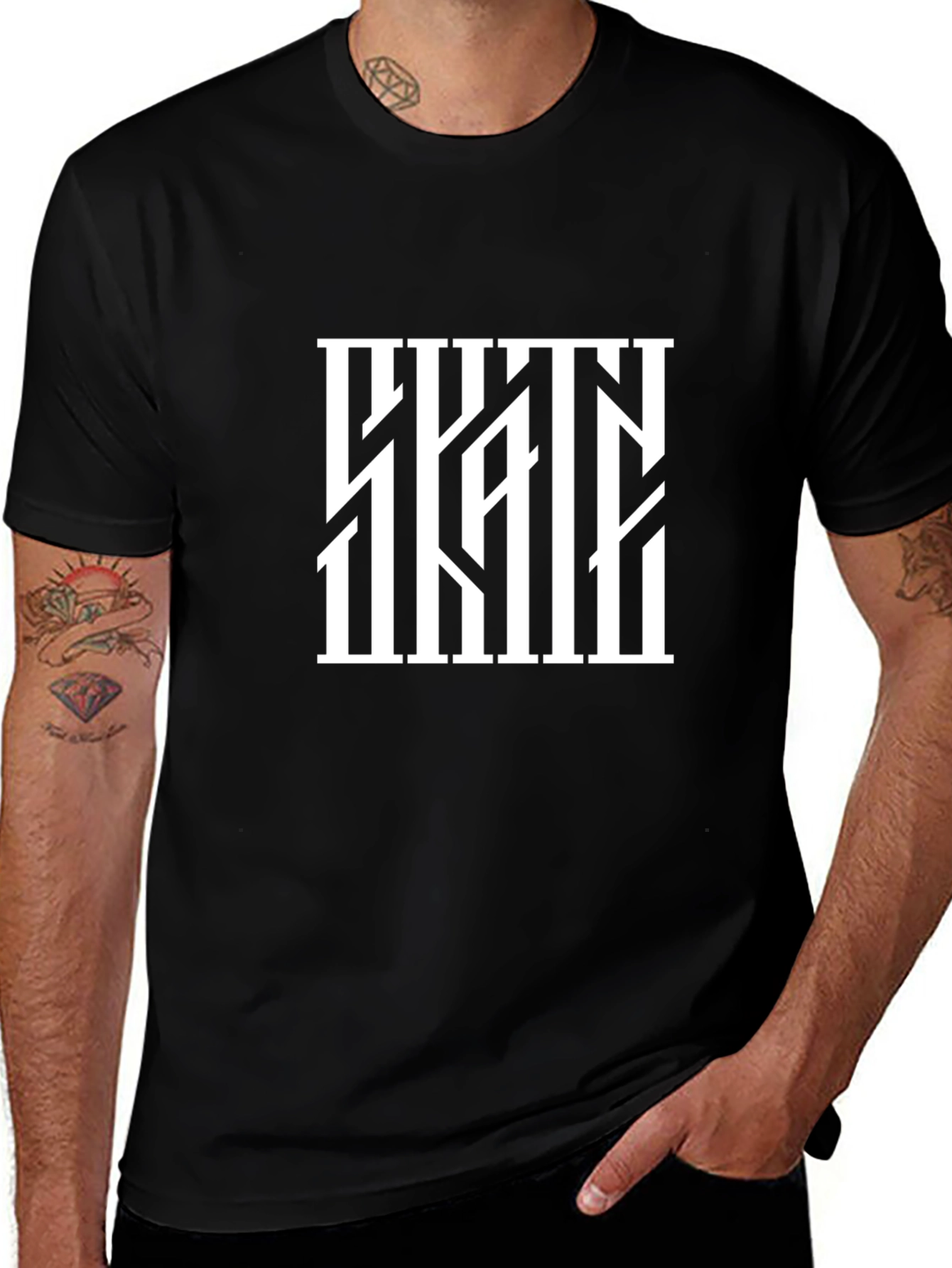 Abstract White Bars Graphic Black T-Shirt