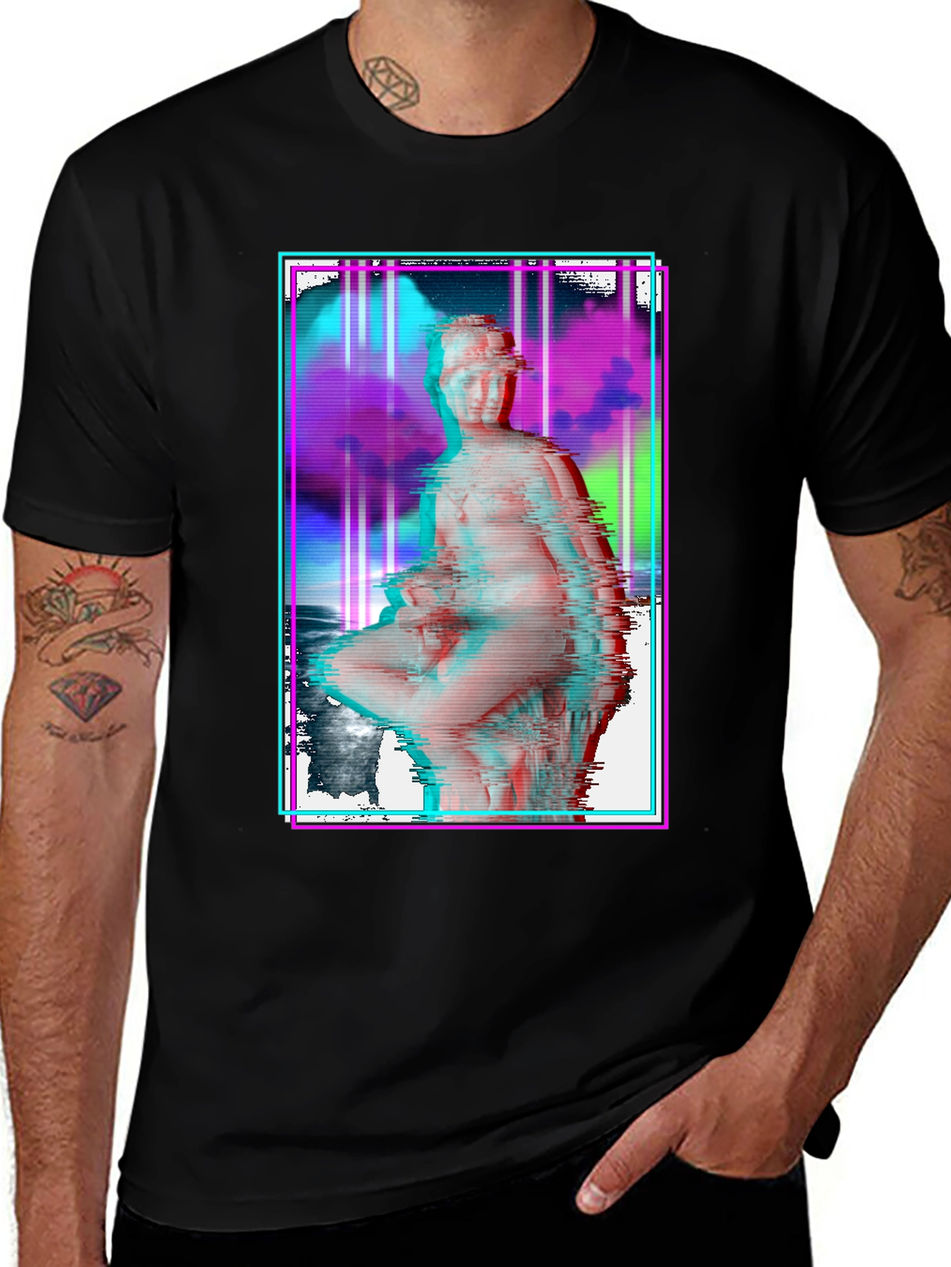 Glitch Art Statue Graphic Black T-Shirt