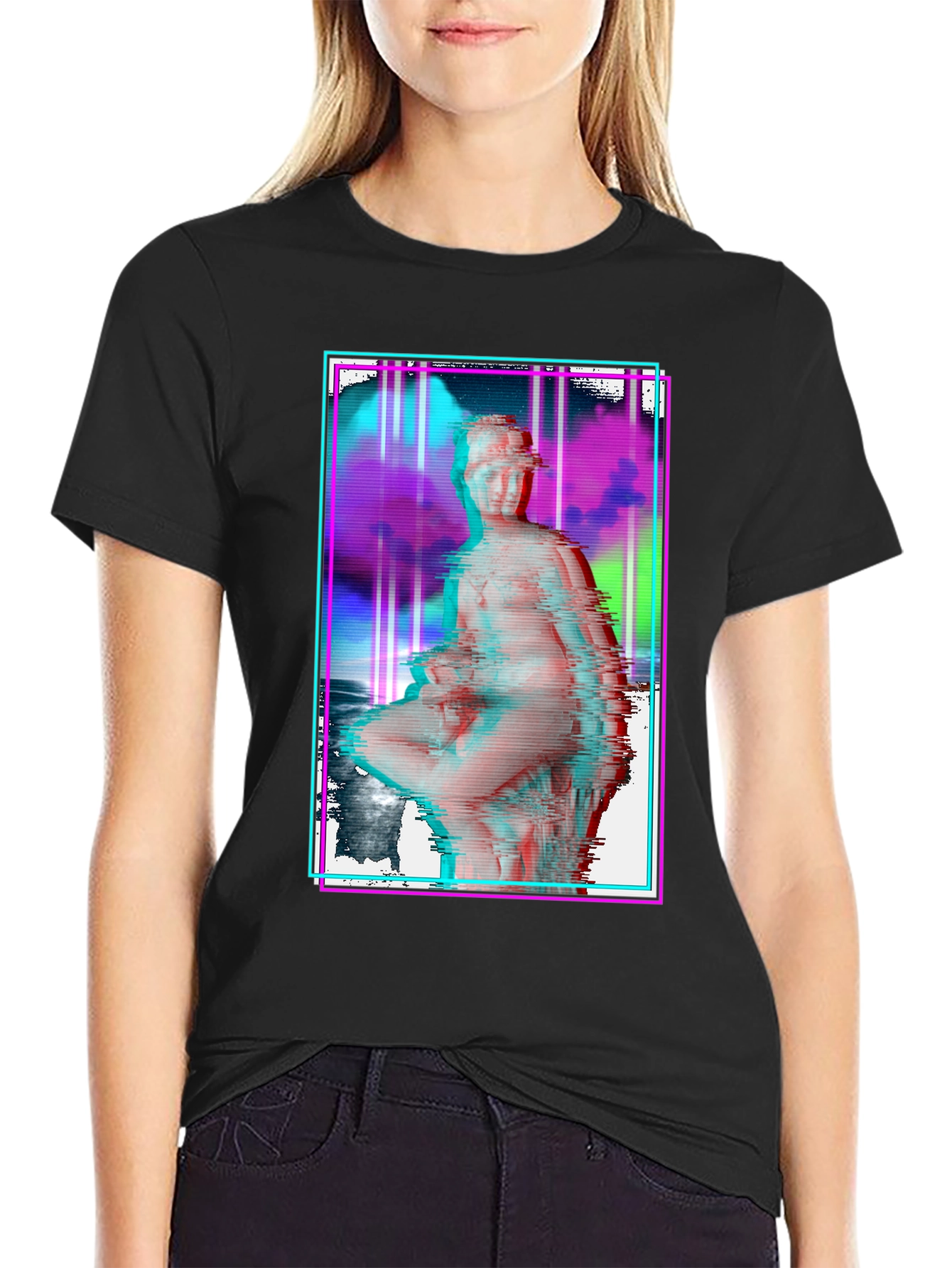 Glitch Art Statue Graphic Black T-Shirt