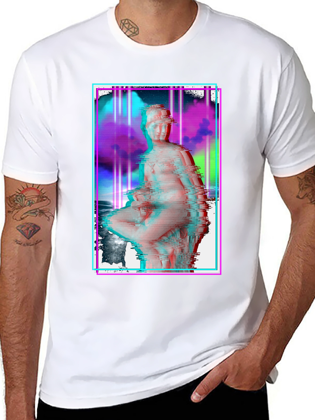 Glitch Art Statue Graphic Black T-Shirt