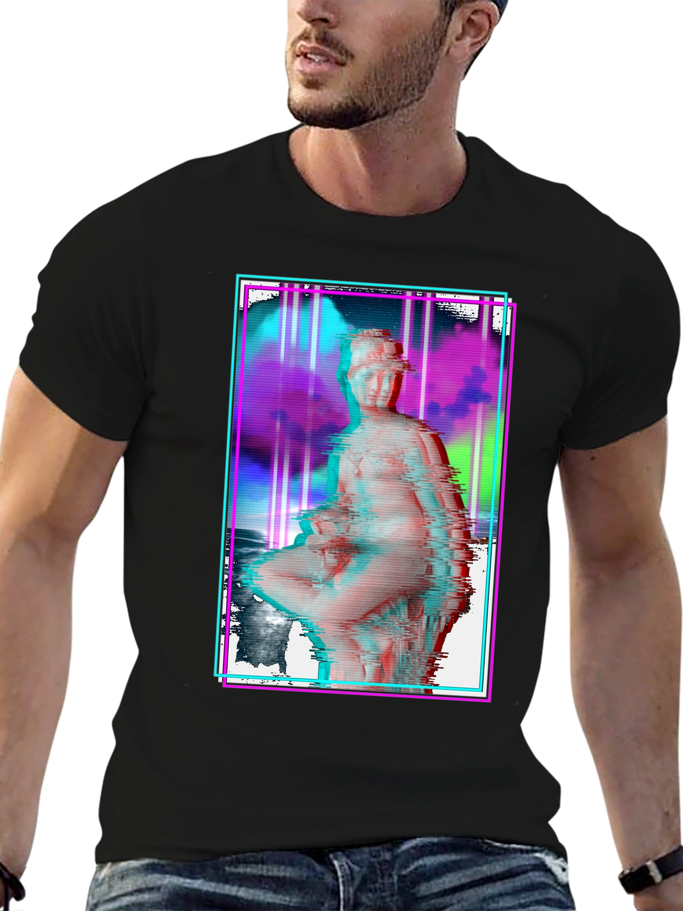 Glitch Art Statue Graphic Black T-Shirt