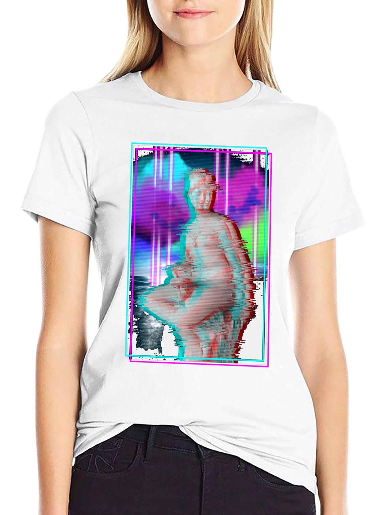 Glitch Art Statue Graphic Black T-Shirt