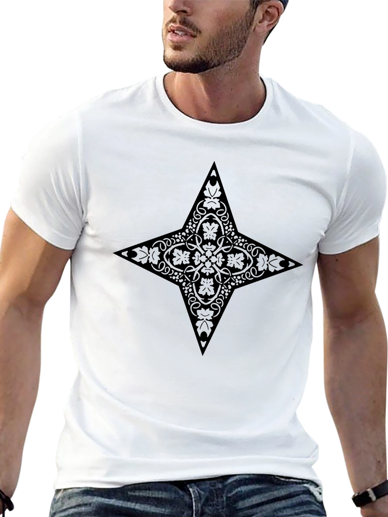 Stylish Black Tee with Ornate Star Design
