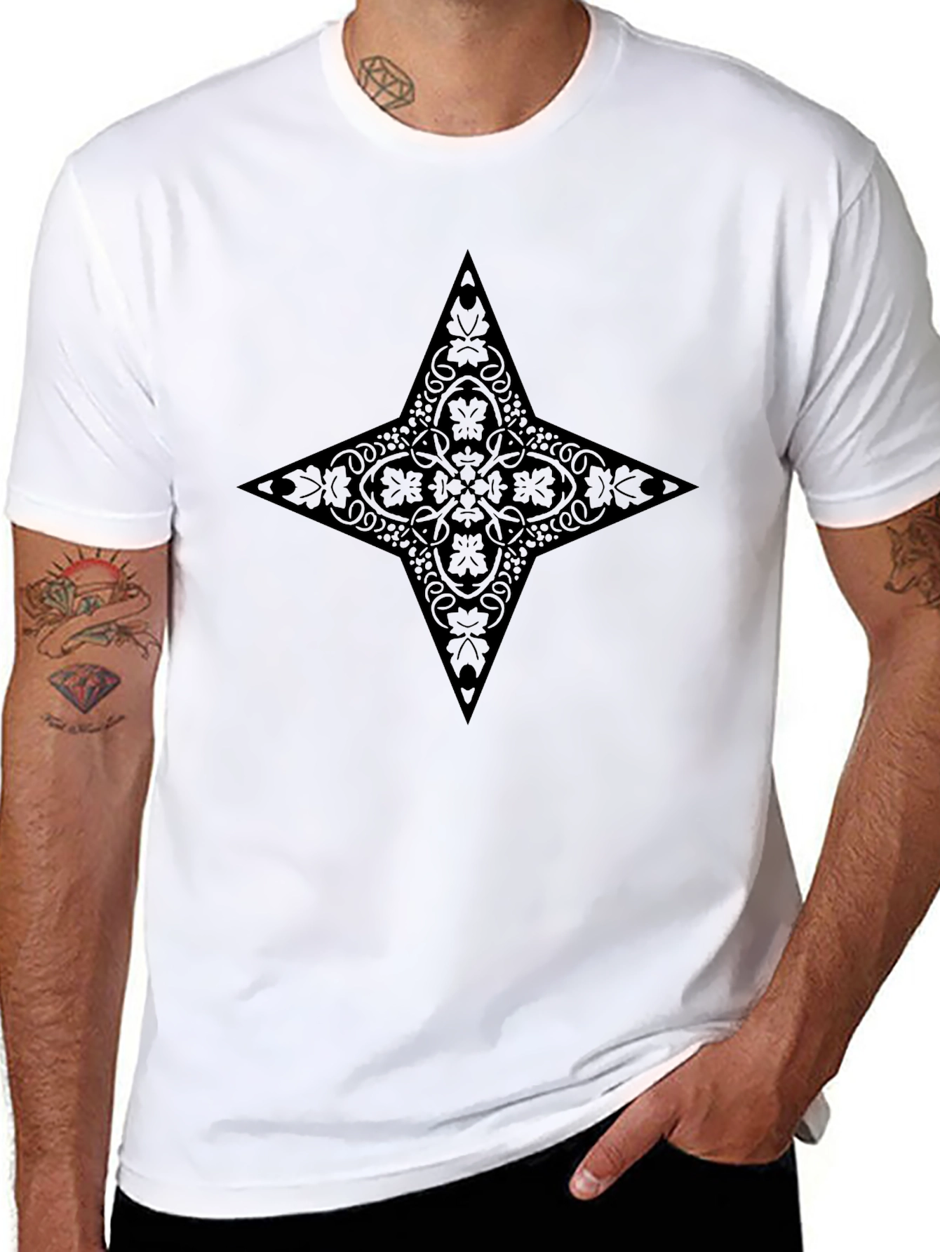Stylish Black Tee with Ornate Star Design