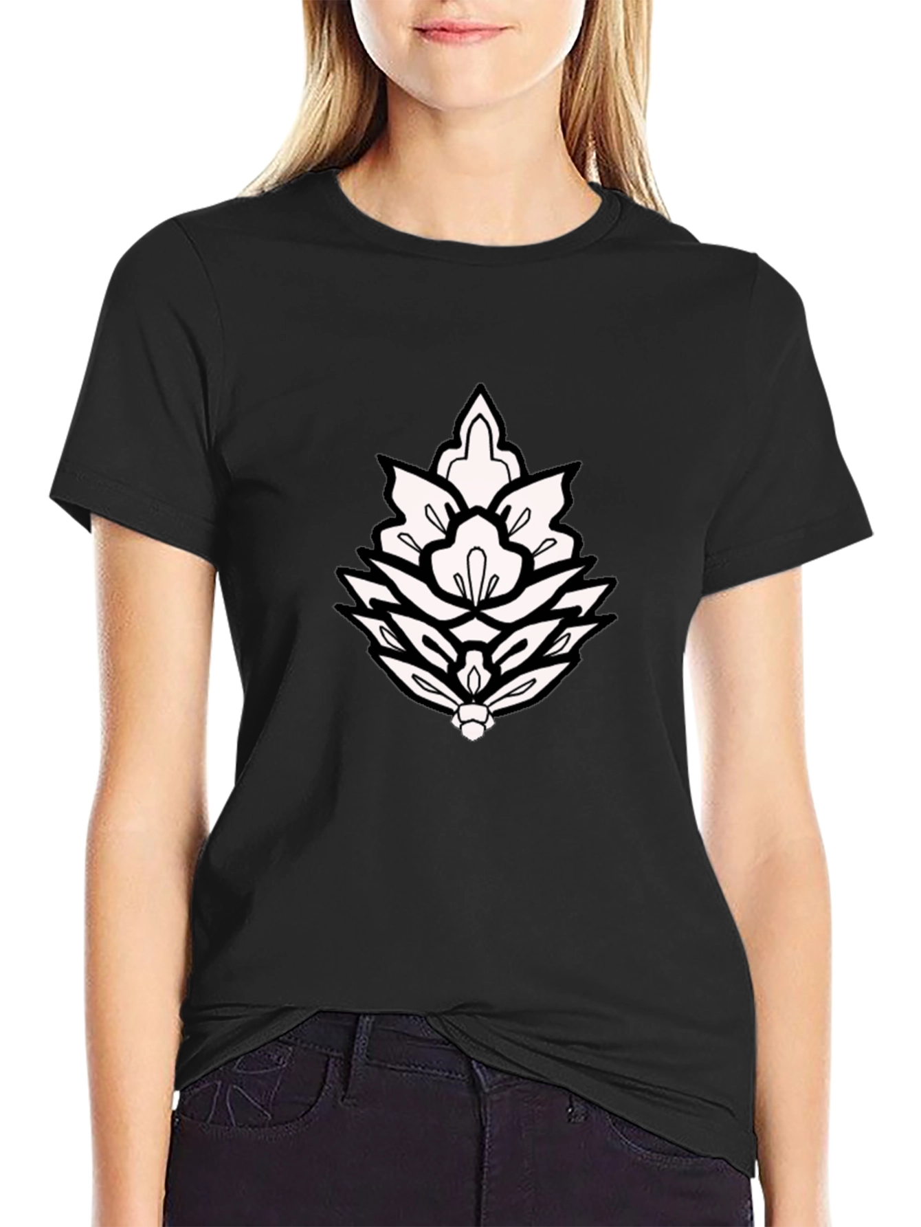 Black T-Shirt with Ornamental Lotus Design