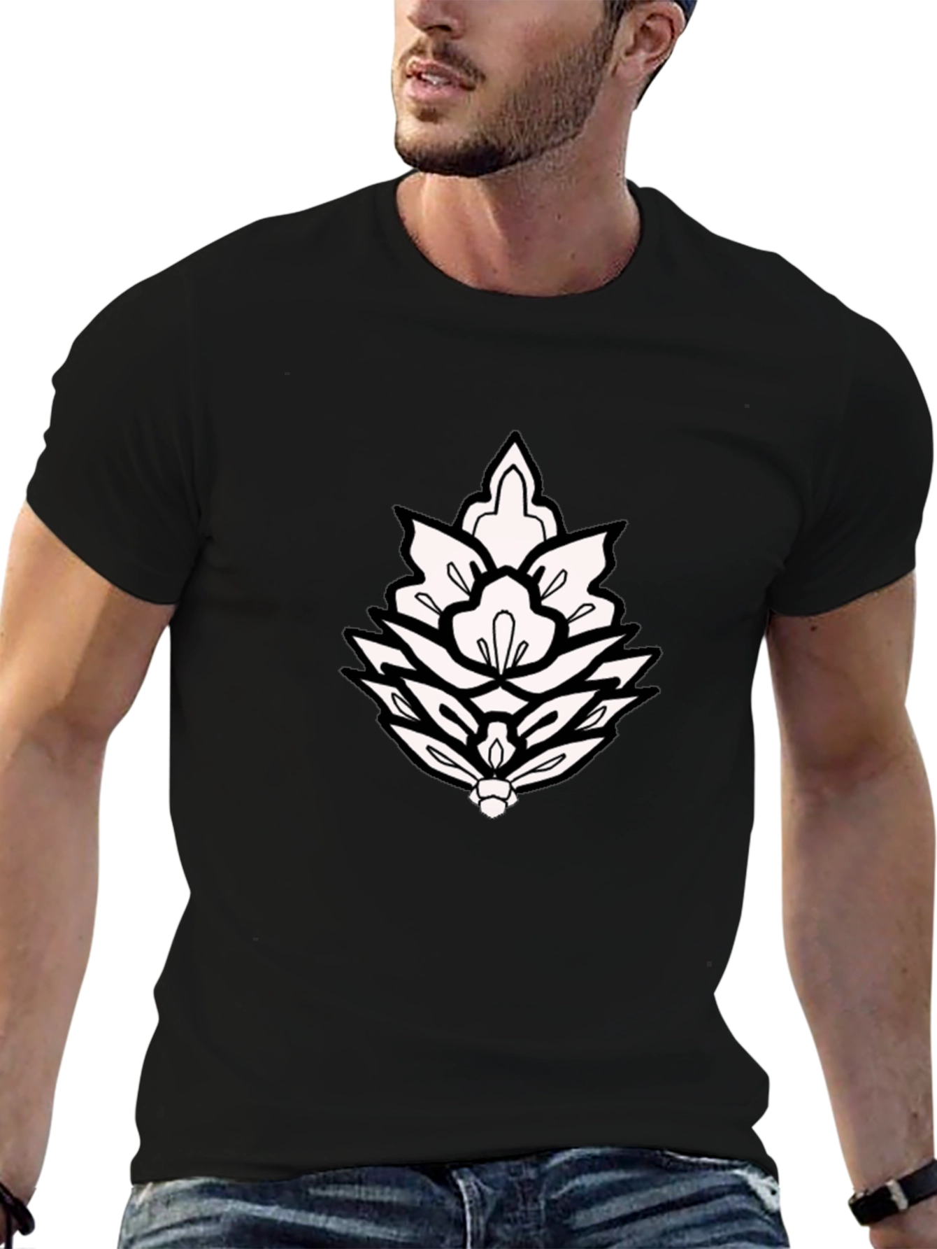 Black T-Shirt with Ornamental Lotus Design