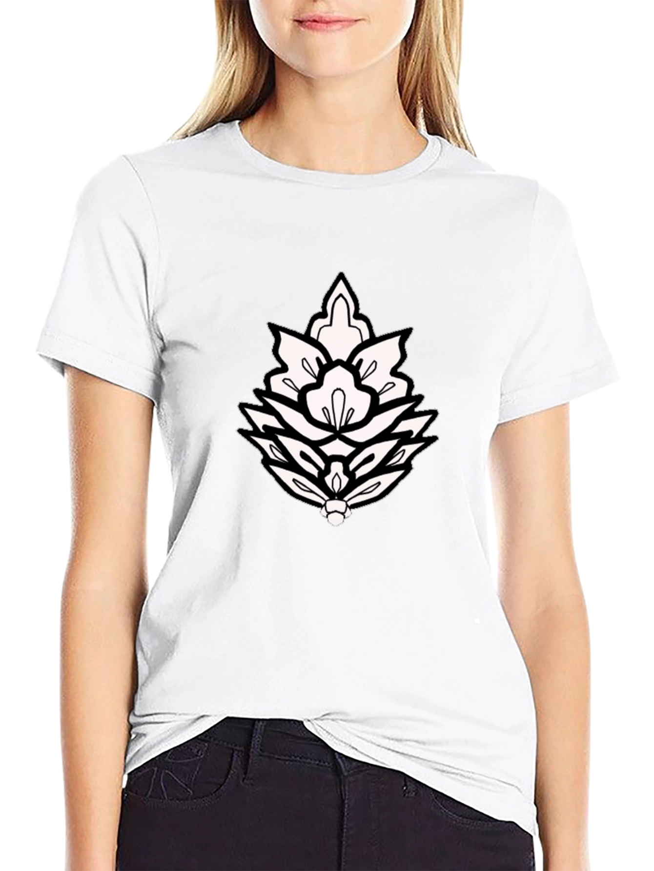 Black T-Shirt with Ornamental Lotus Design