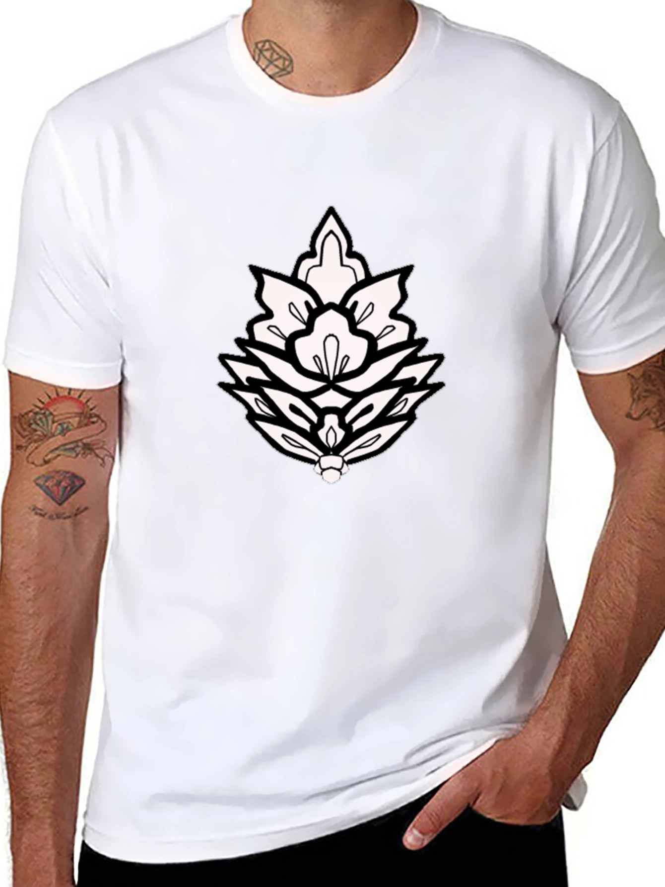 Black T-Shirt with Ornamental Lotus Design