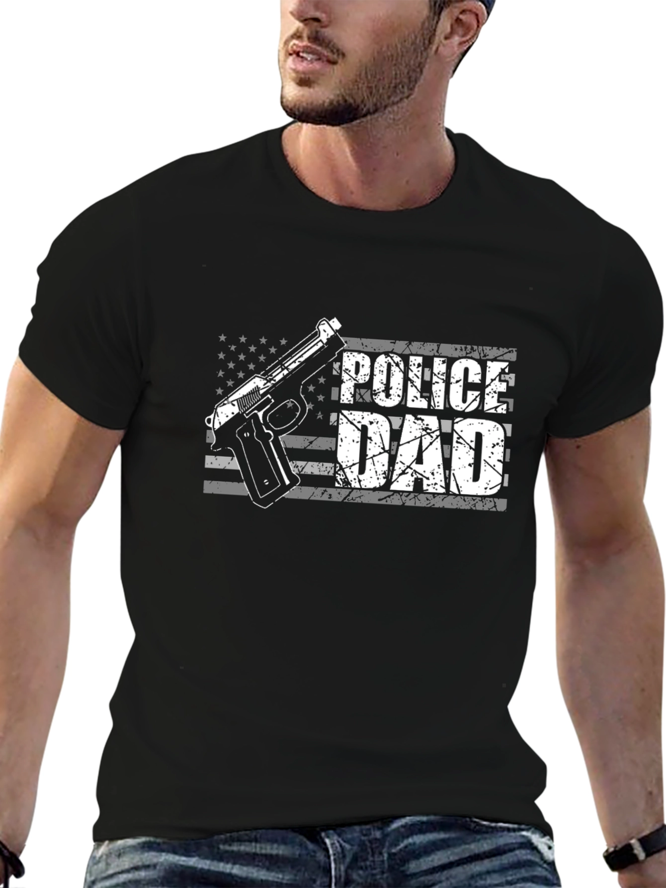 Police Dad T-Shirt - USA Flag Gun Graphic Tee