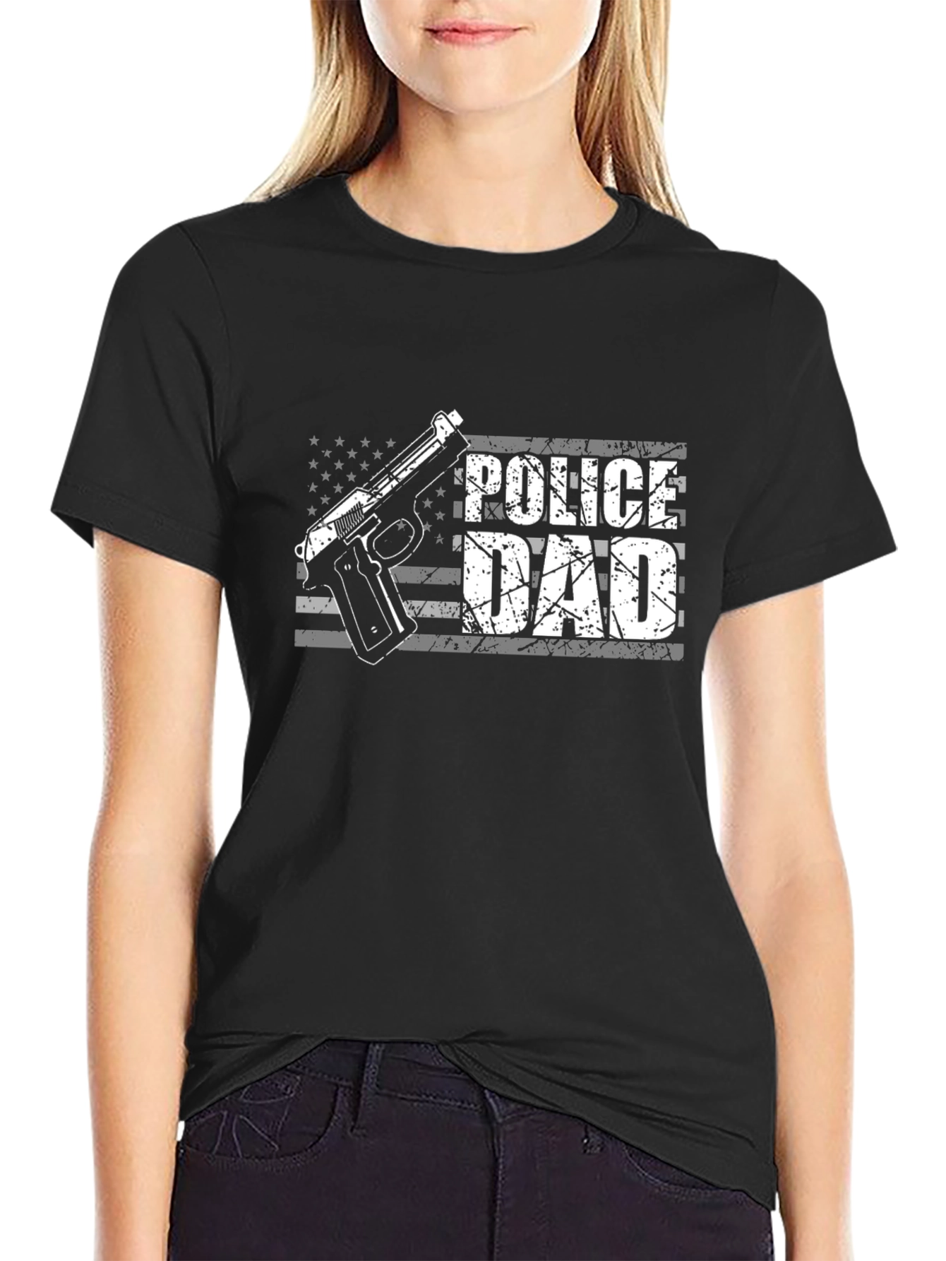 Police Dad T-Shirt - USA Flag Gun Graphic Tee