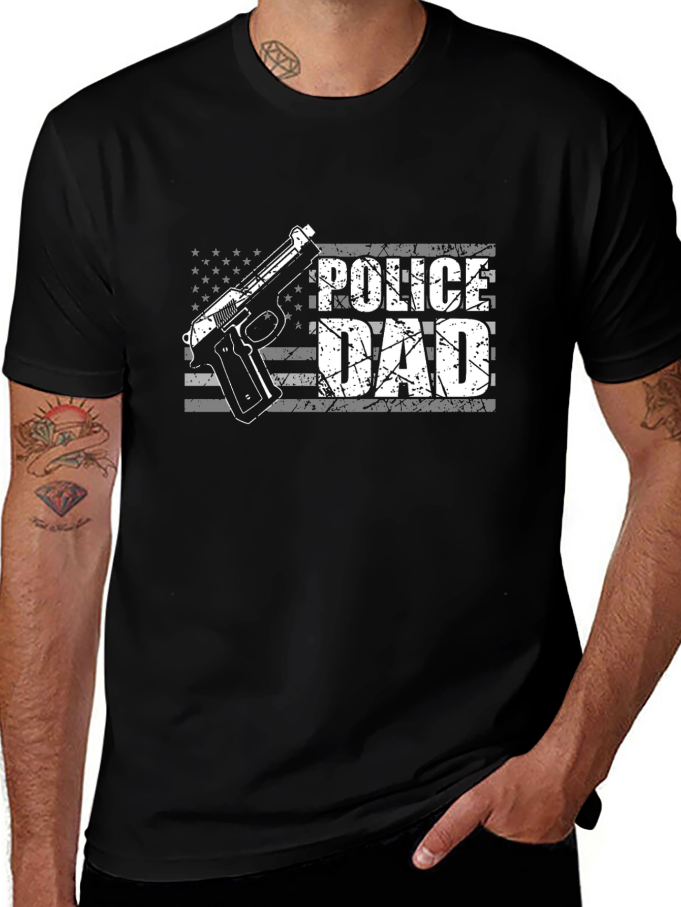 Police Dad T-Shirt - USA Flag Gun Graphic Tee