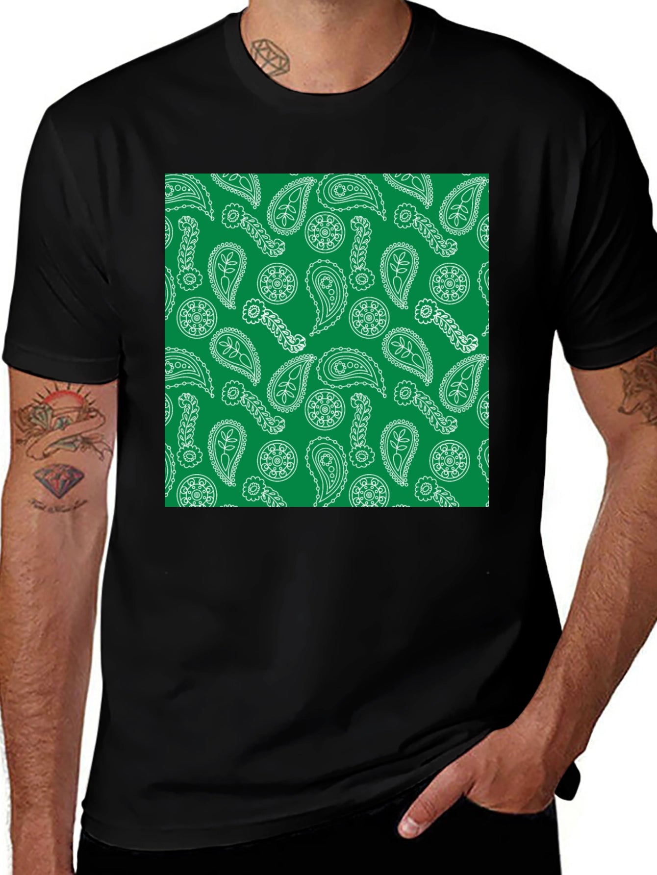Paisley Pattern T-Shirt - Green and White Design