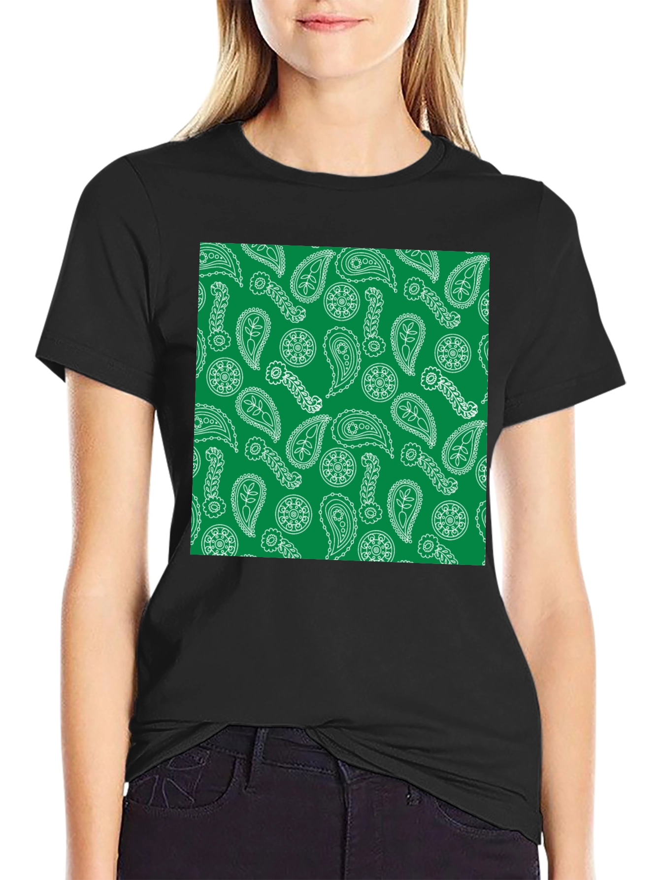 Paisley Pattern T-Shirt - Green and White Design