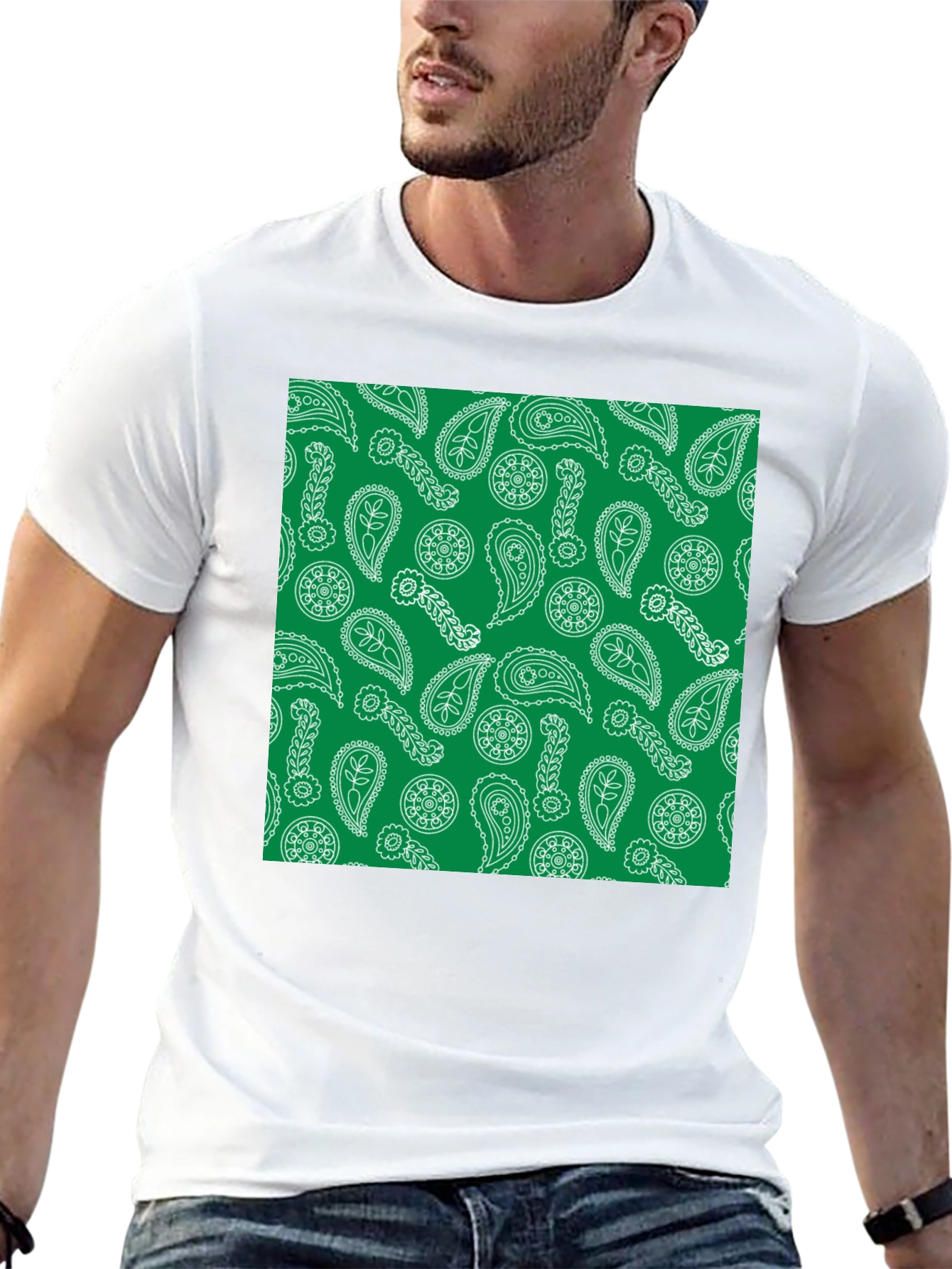 Paisley Pattern T-Shirt - Green and White Design
