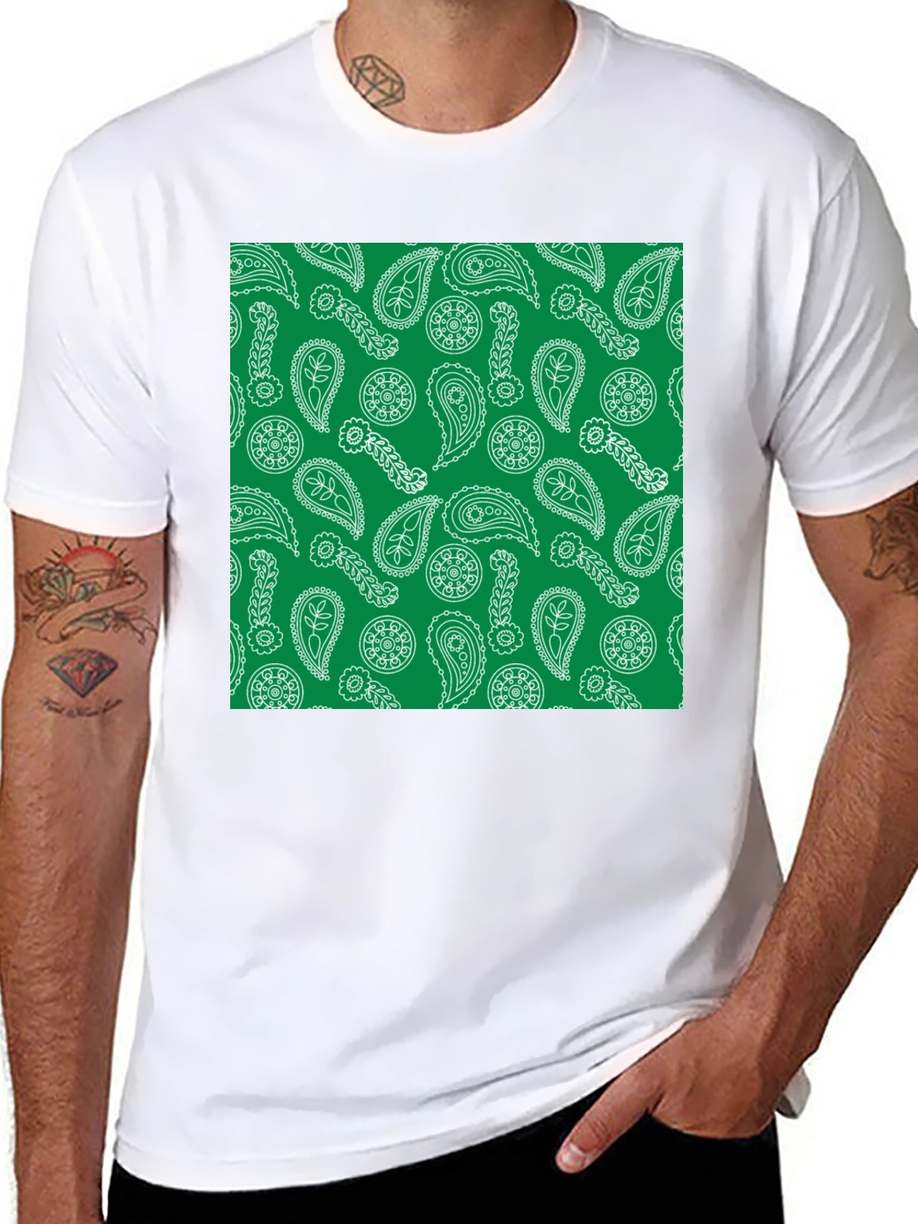Paisley Pattern T-Shirt - Green and White Design