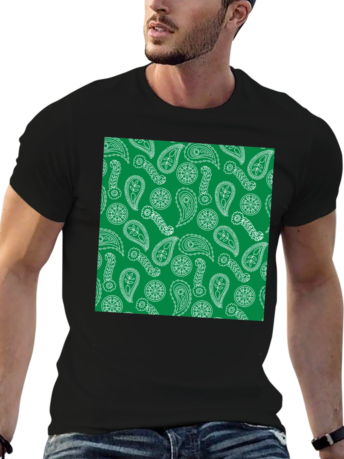 Paisley Pattern T-Shirt - Green and White Design