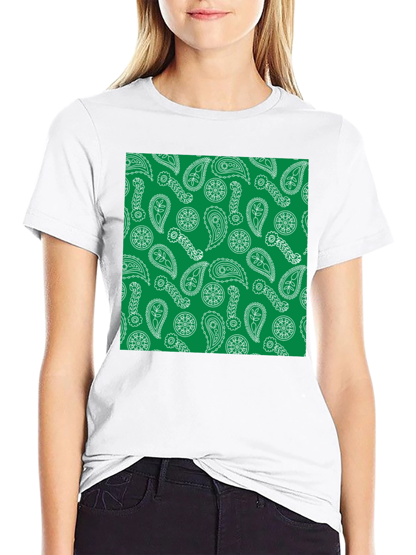 Paisley Pattern T-Shirt - Green and White Design