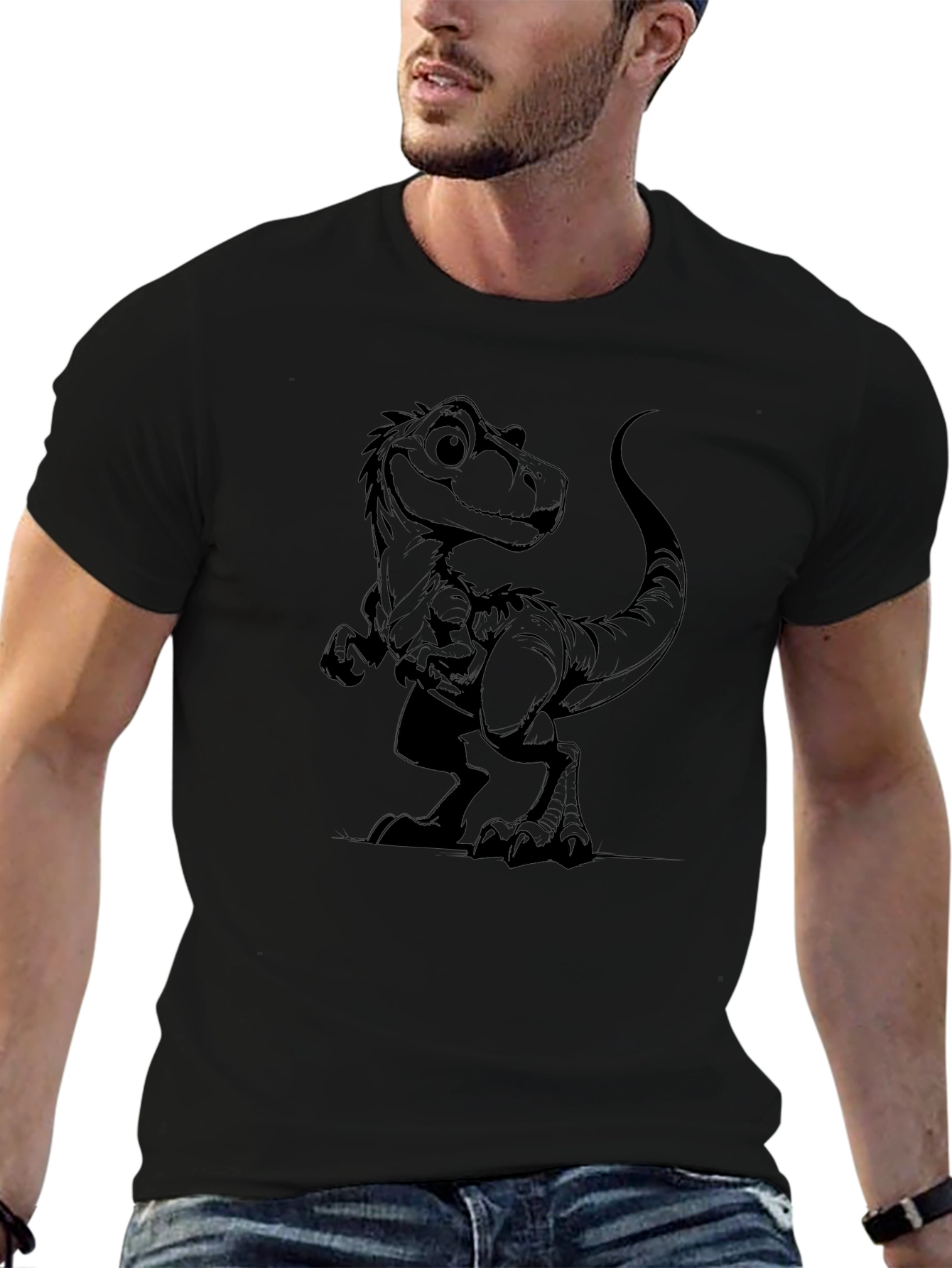 Black T-Shirt with Cartoon Dinosaur Graphic