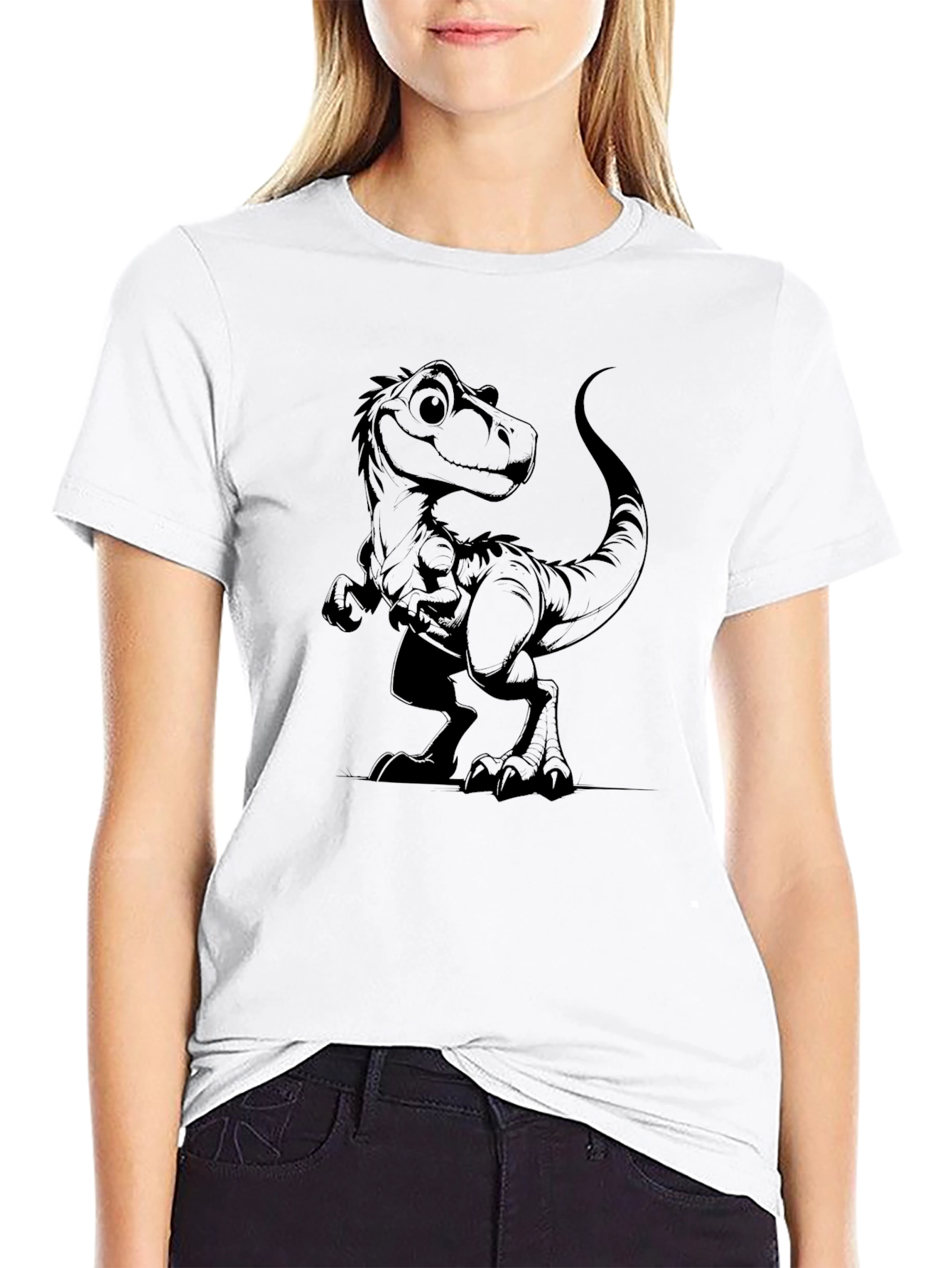 Black T-Shirt with Cartoon Dinosaur Graphic