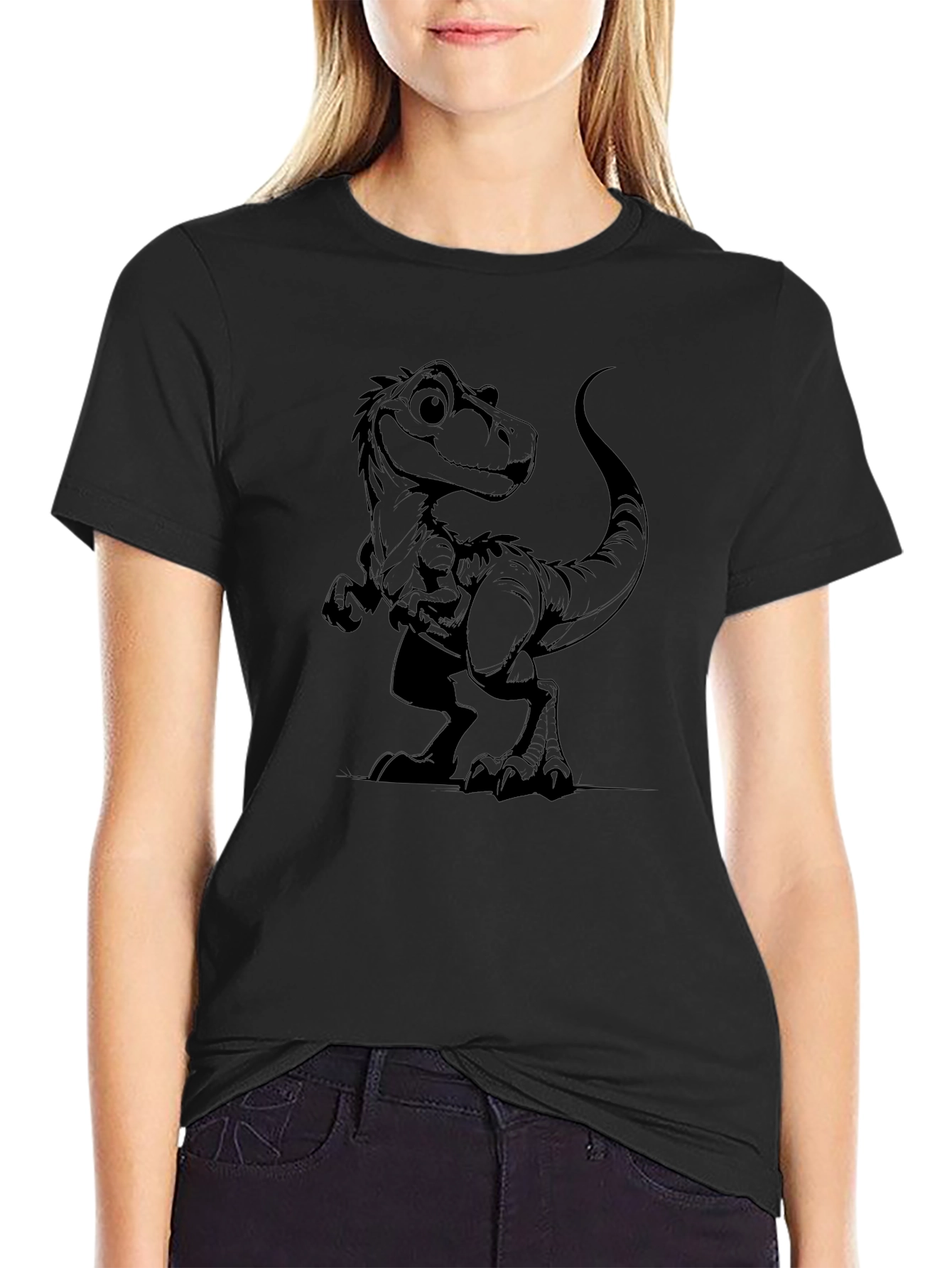 Black T-Shirt with Cartoon Dinosaur Graphic