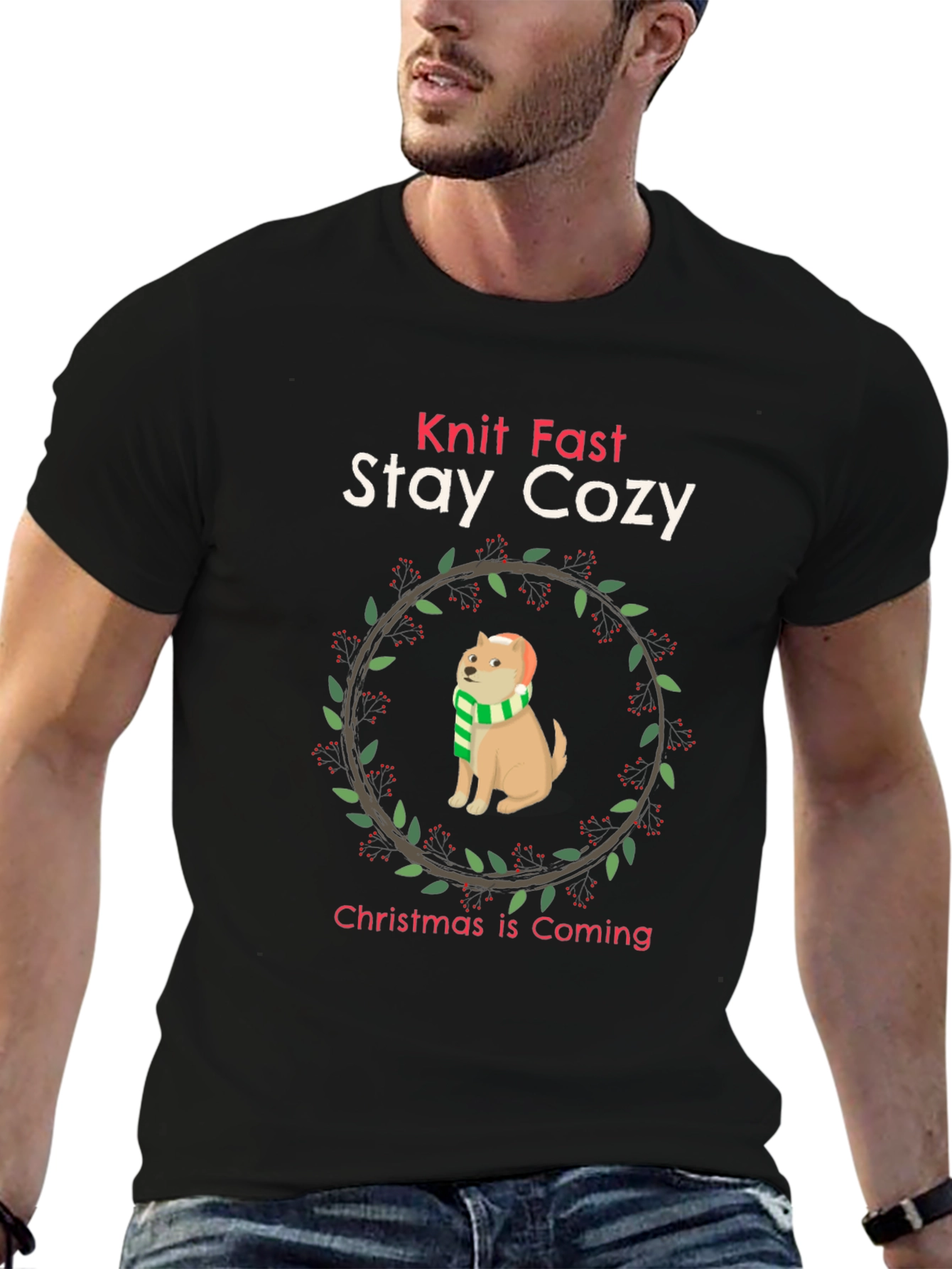 Knit Fast Stay Cozy Christmas Dog T-Shirt
