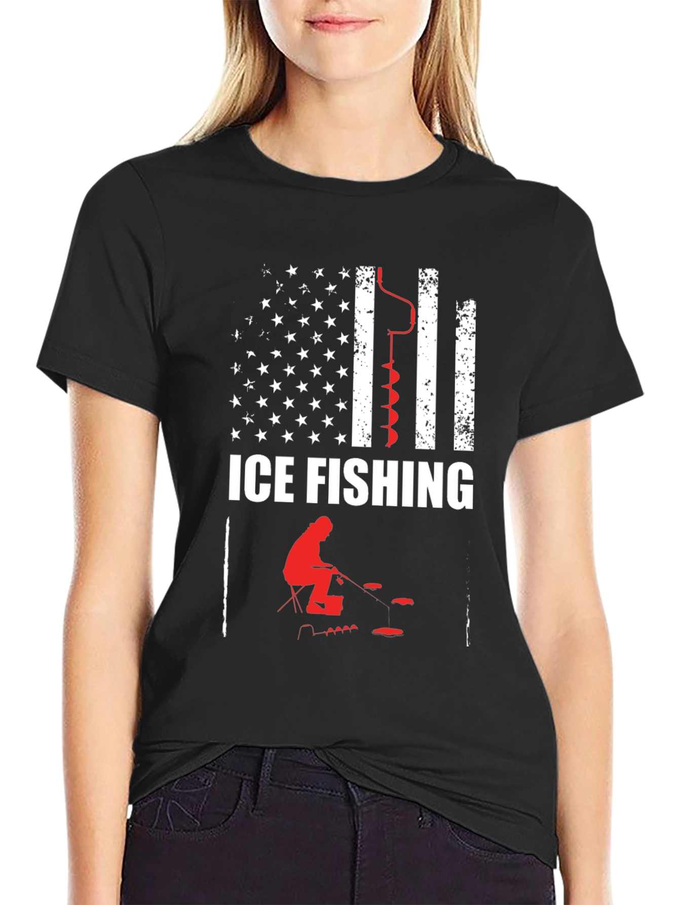 Ice Fishing American Flag Graphic T-Shirt