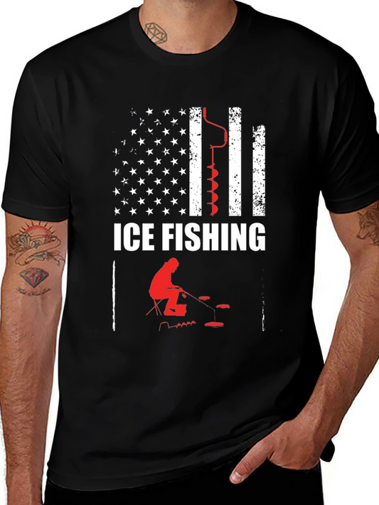 Ice Fishing American Flag Graphic T-Shirt