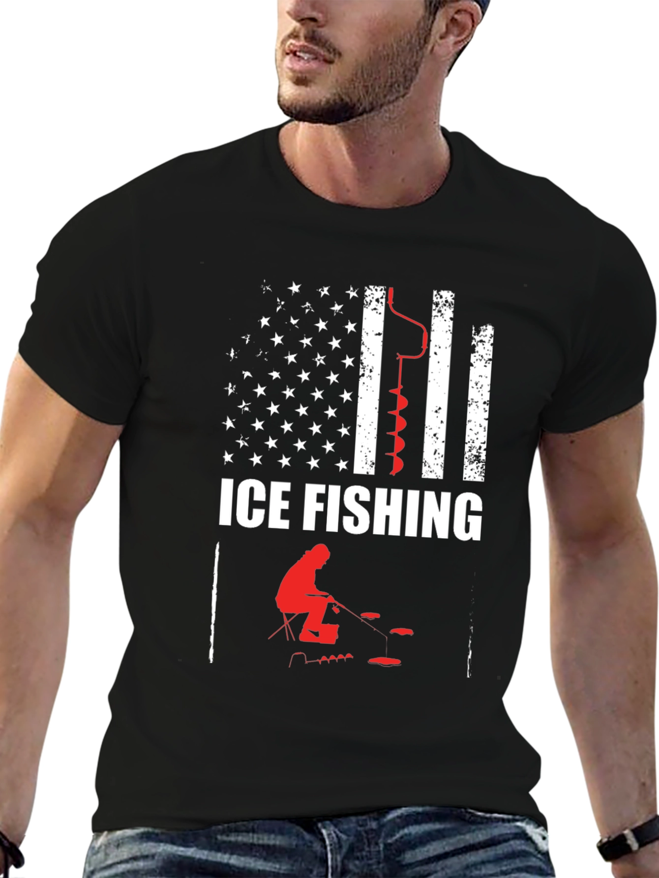Ice Fishing American Flag Graphic T-Shirt