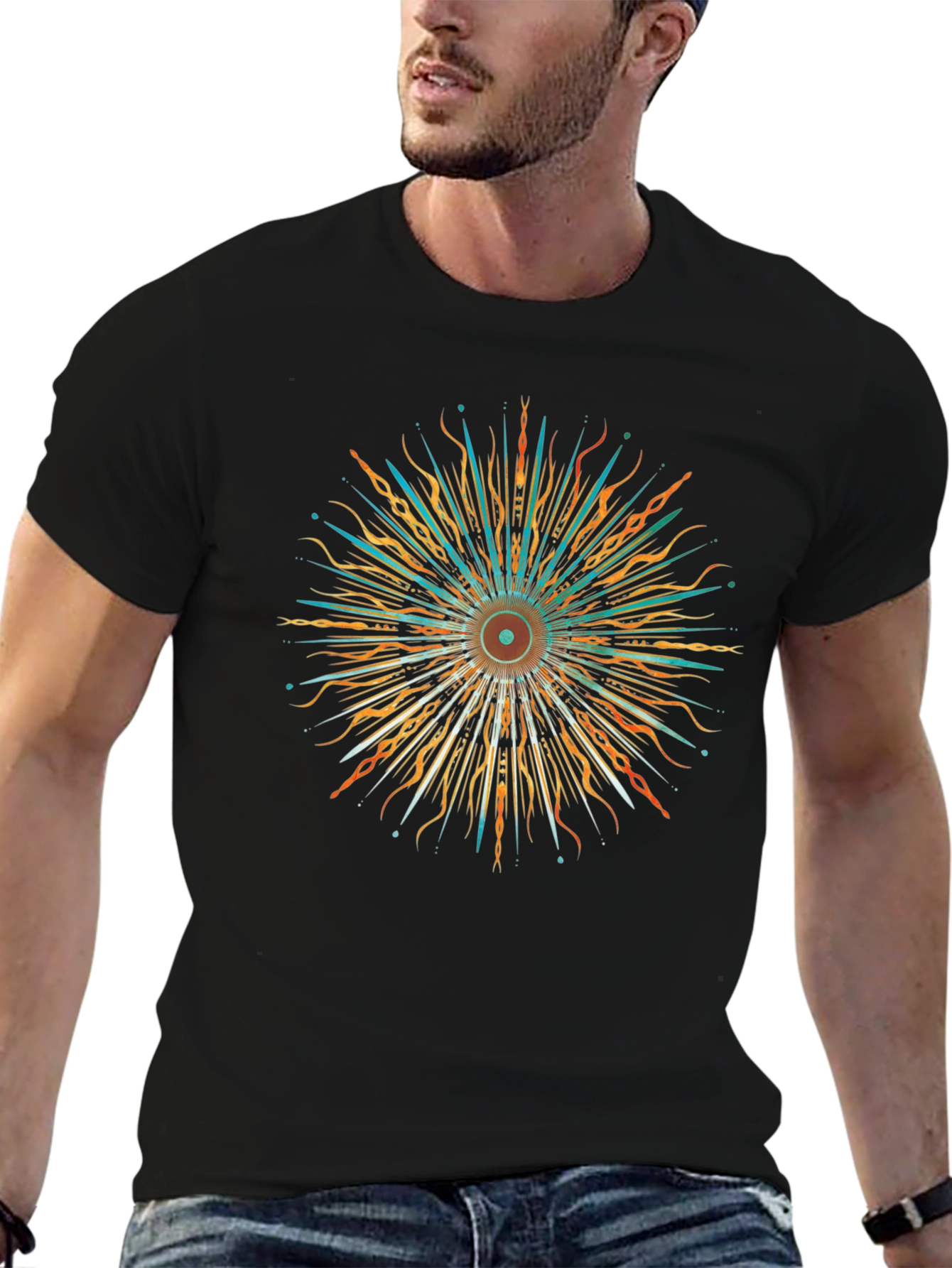 Abstract Sunburst Graphic Black T-Shirt