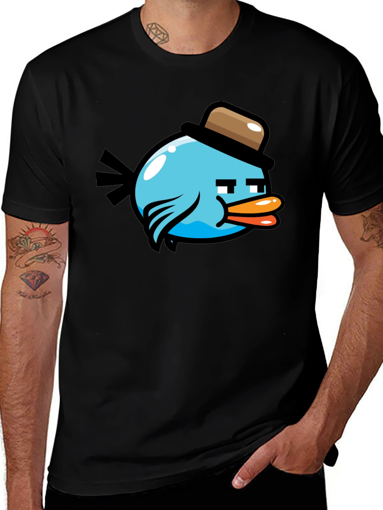 Cartoon Bird Graphic T-Shirt - Mens Black Tee