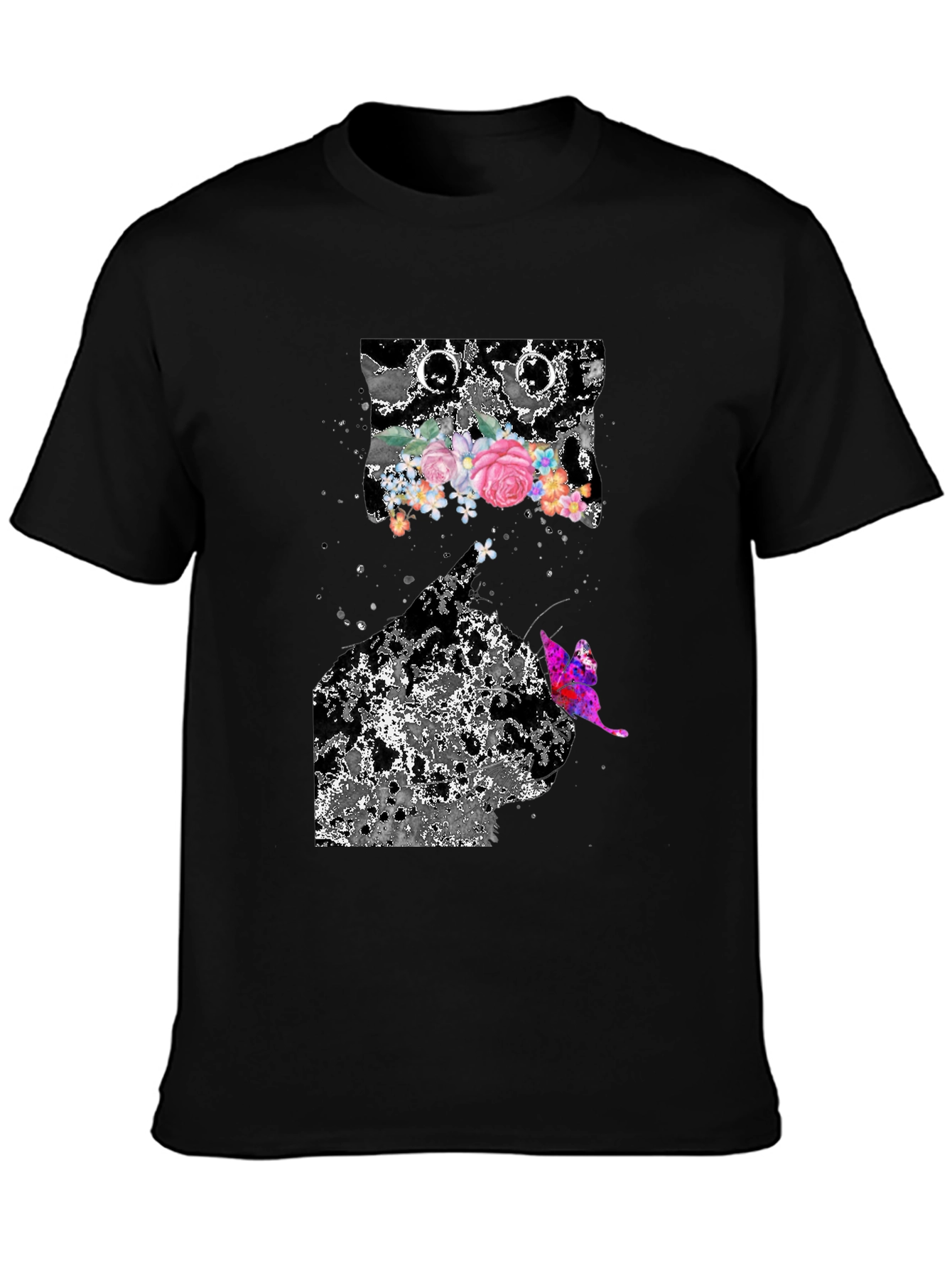 Floral Butterfly Graphic Print Black T-Shirt