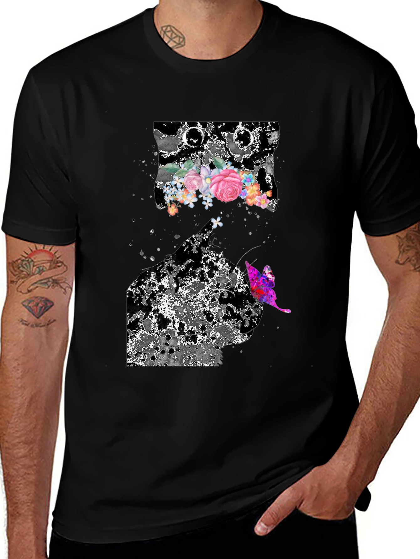 Floral Butterfly Graphic Print Black T-Shirt