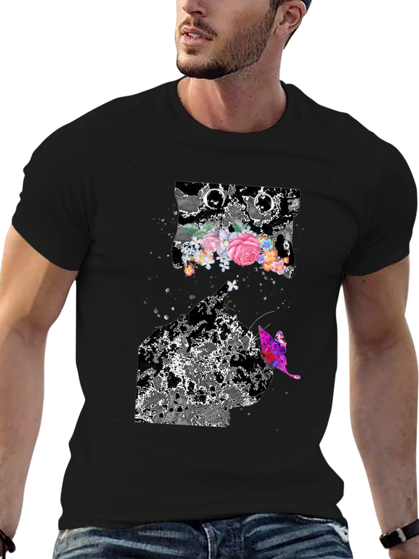 Floral Butterfly Graphic Print Black T-Shirt