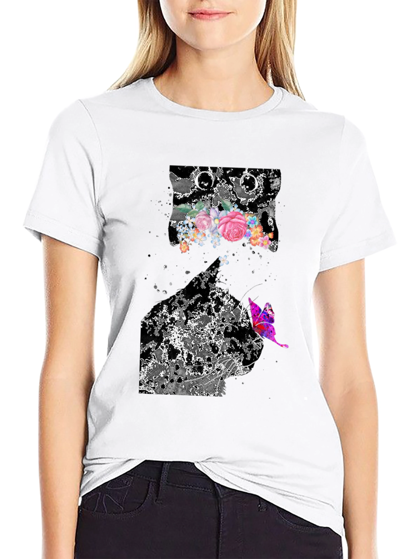 Floral Butterfly Graphic Print Black T-Shirt