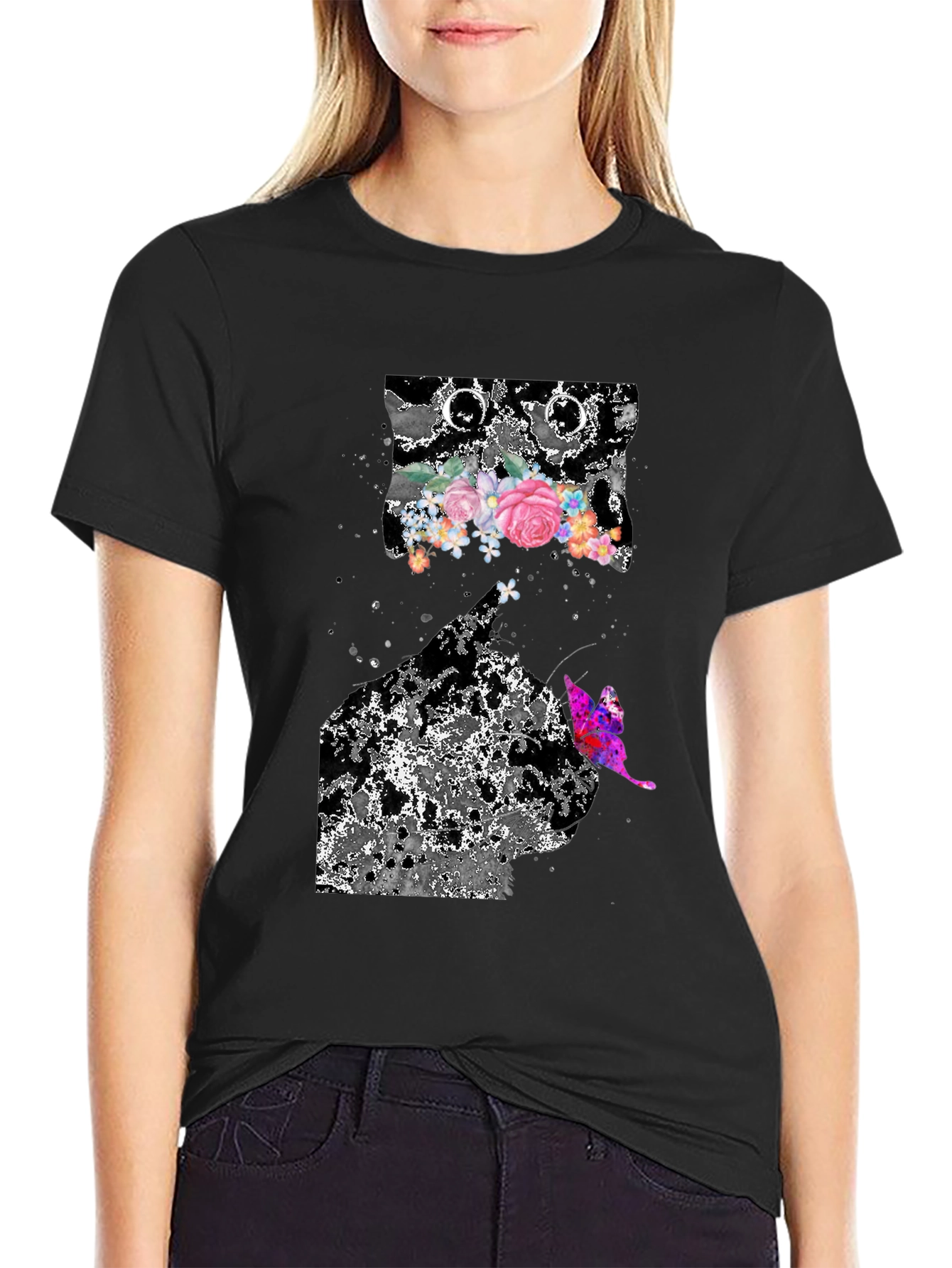 Floral Butterfly Graphic Print Black T-Shirt