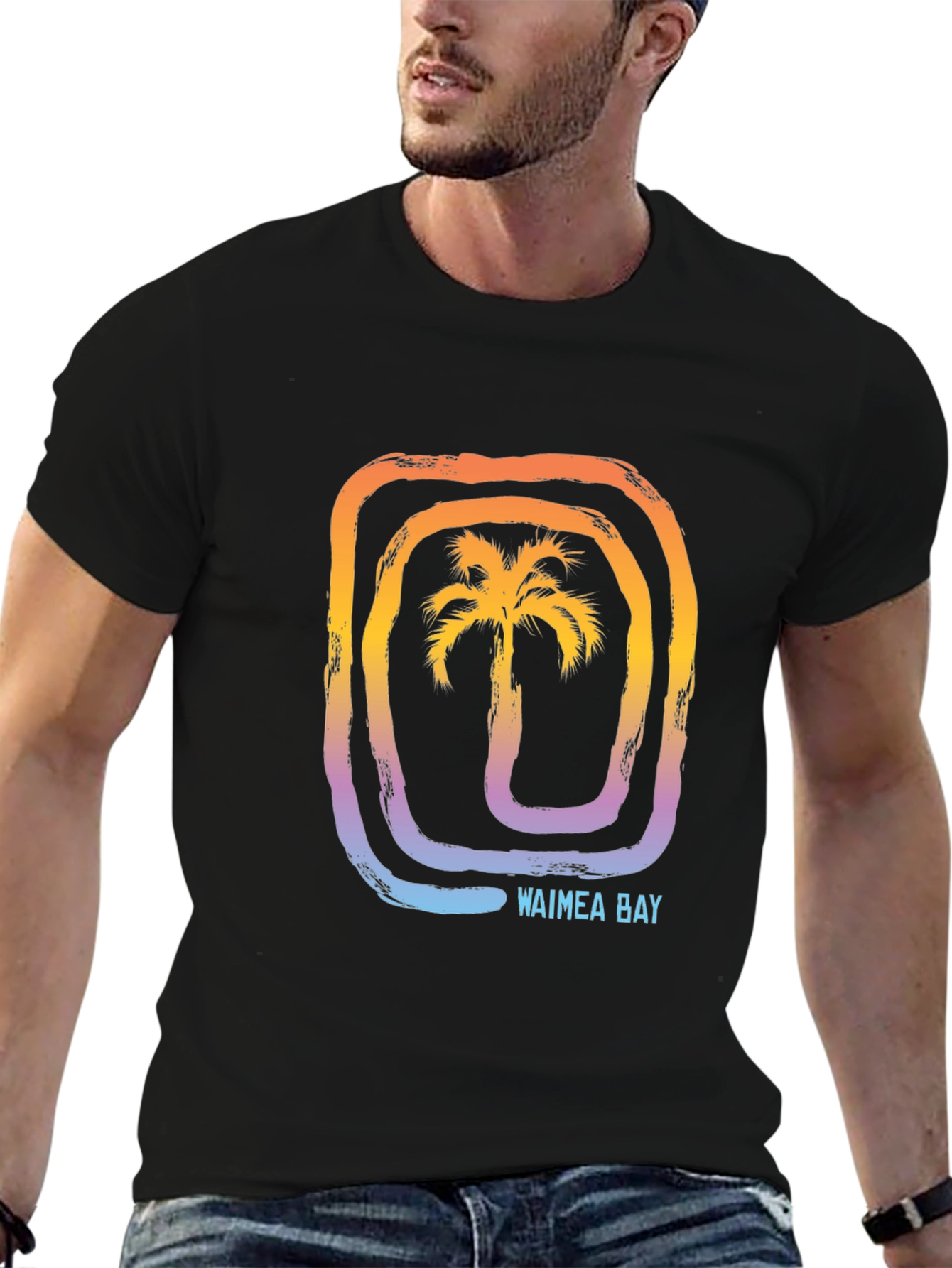 Waimea Bay Palm Tree Graphic T-Shirt - Black