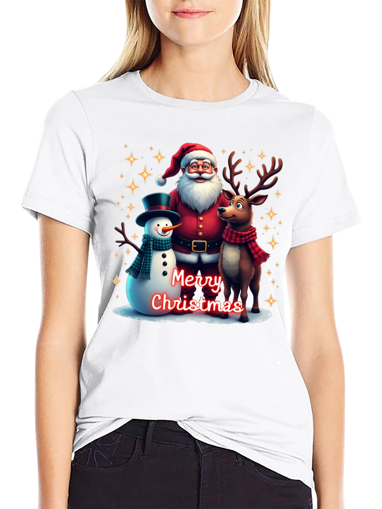 Festive Santa Reindeer and Snowman Christmas T-Shirt