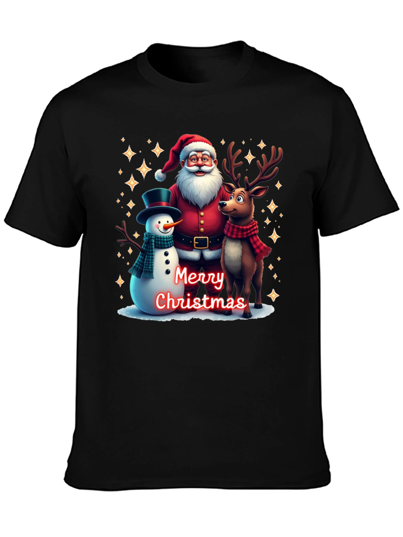 Festive Santa Reindeer and Snowman Christmas T-Shirt