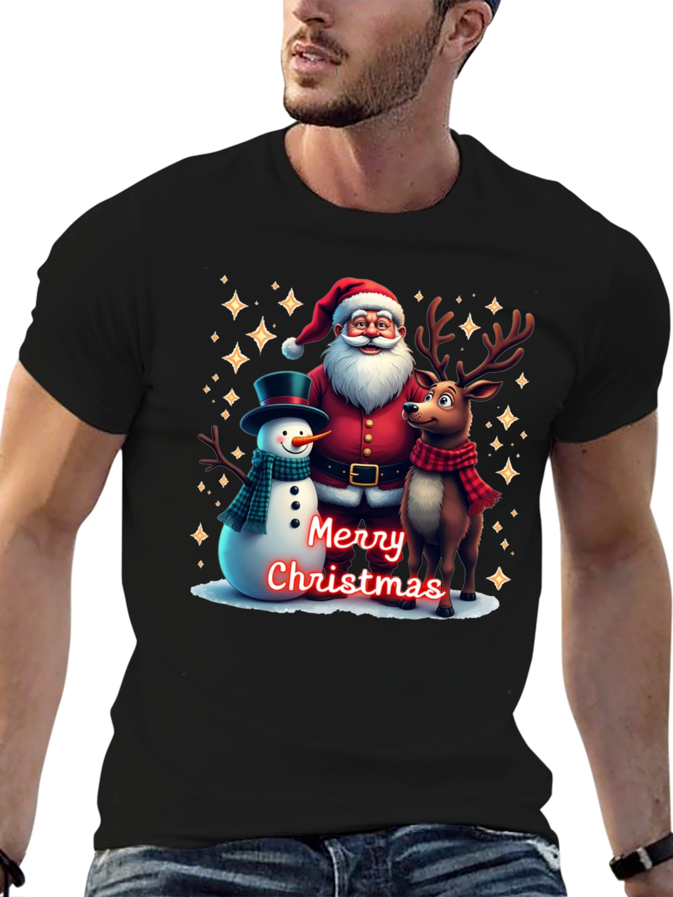 Festive Santa Reindeer and Snowman Christmas T-Shirt